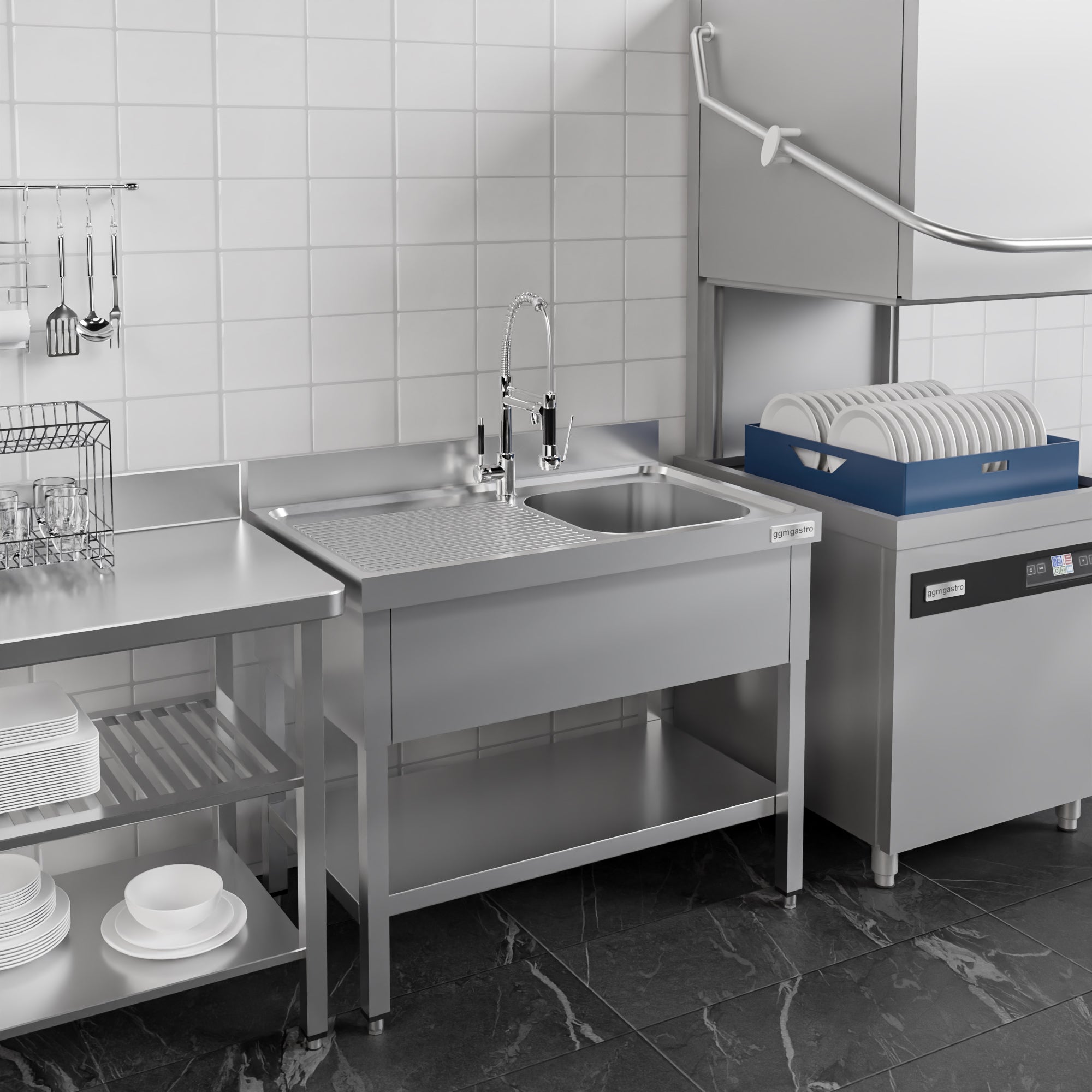 Stainless steel sink ECO - with base - 1.0 m - 1 sink on the right - L 50 x W 50 x D 30 cm