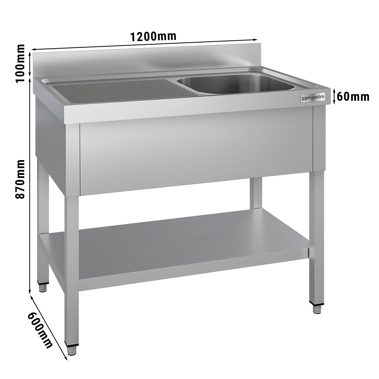 Stainless steel sink ECO - with base - 1.2 m - 1 basin right - L 50 x W 40 x D 25 cm