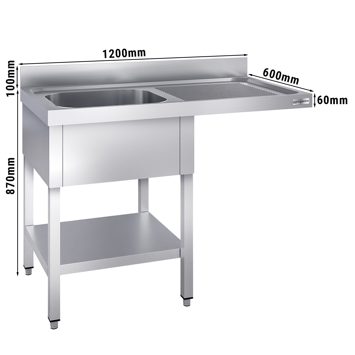 dishwashers Sink 1.2m - 1 basin on the left L 50 x W 40 x D 25 cm