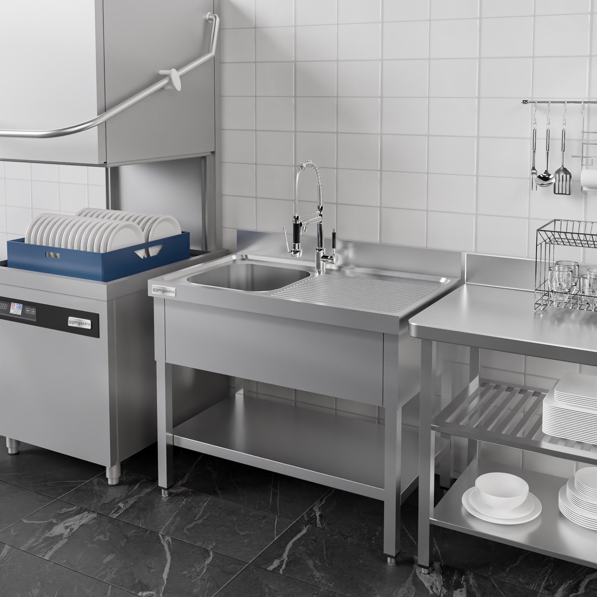 Stainless steel sink ECO - with base - 1.2 m - 1 sink on the left - L 50 x W 50 x D 30 cm