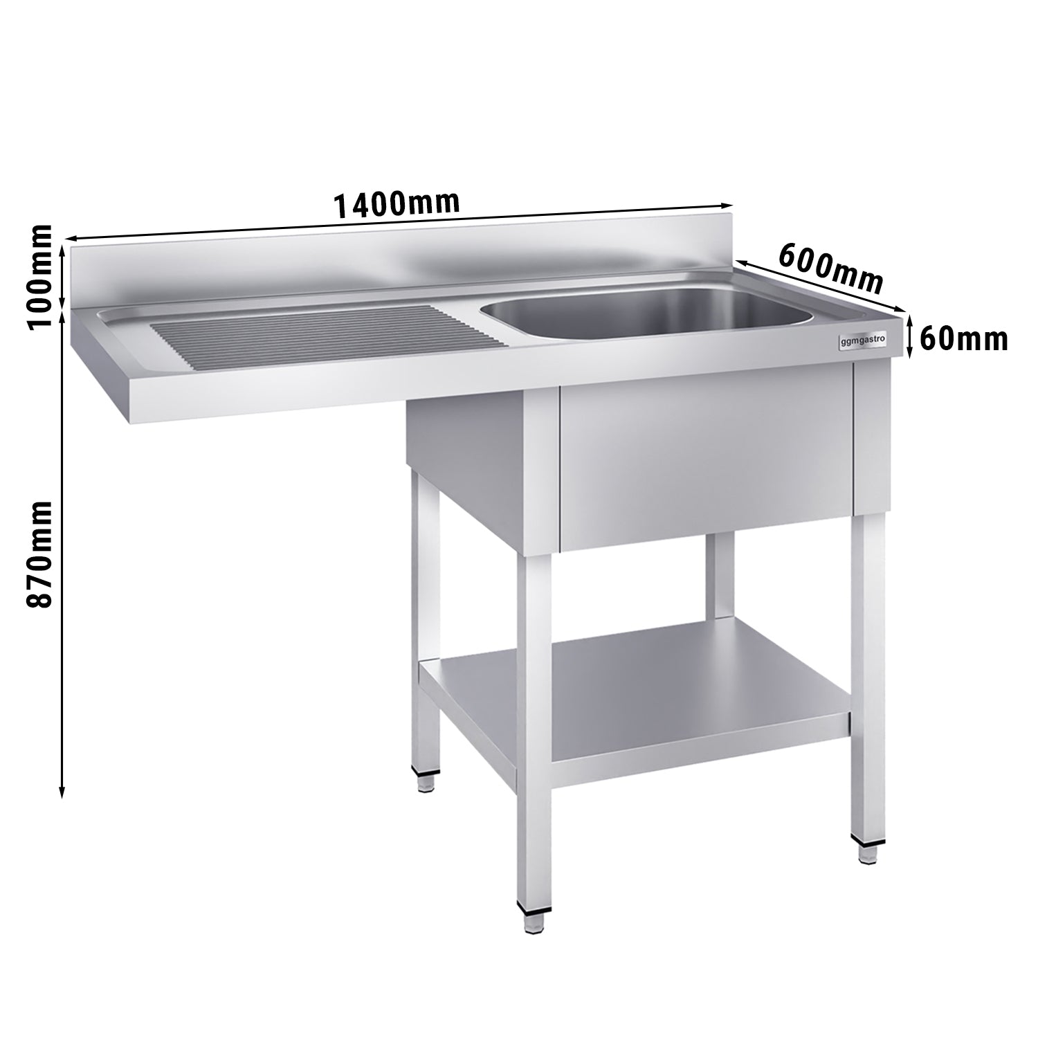 dishwashers Sink 1.4m - 1 basin on the right L 50 x W 40 x D 25 cm