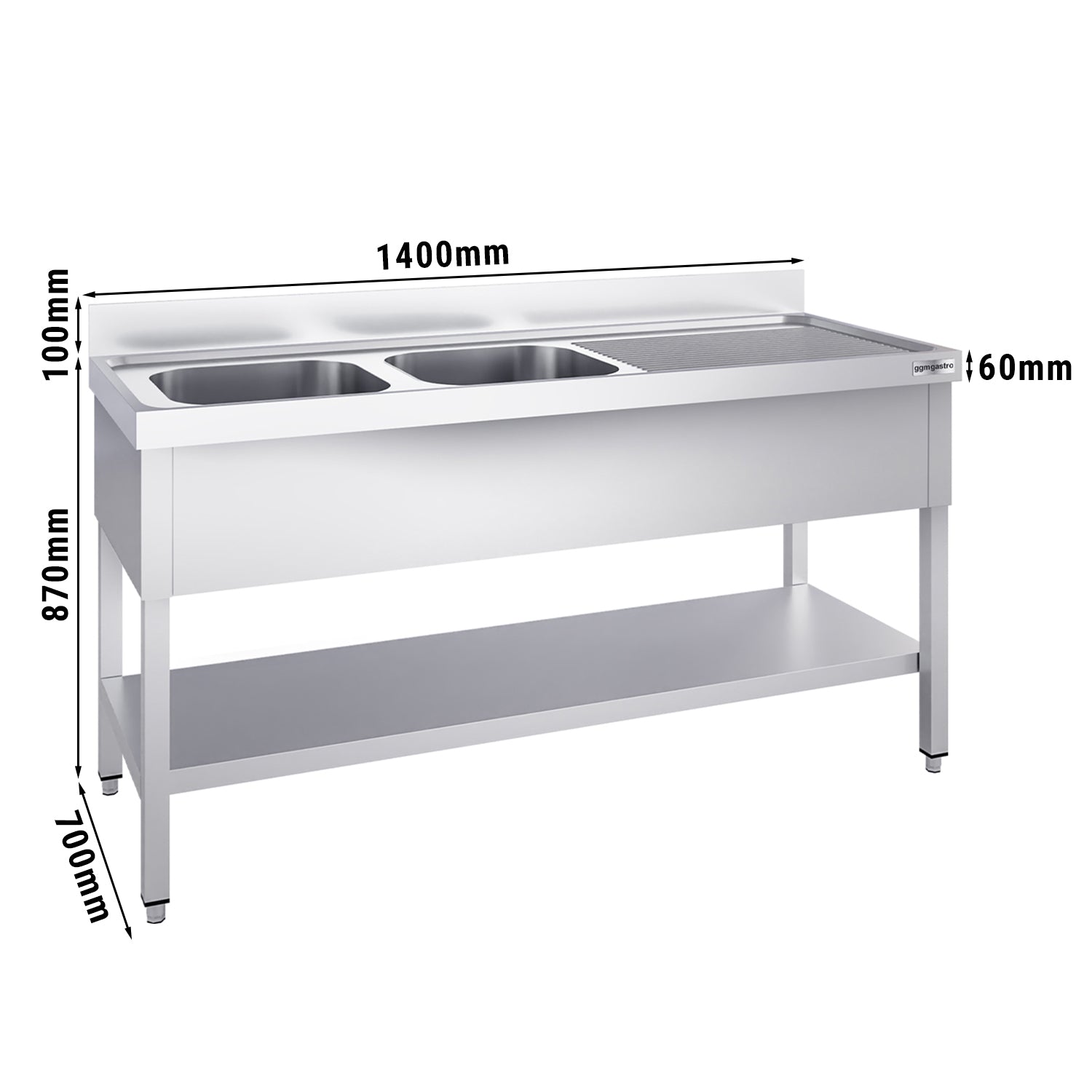 Мивка с дъно 1,4m - 2 легена отляво L 40 x Ш 50 x Д 25 cm