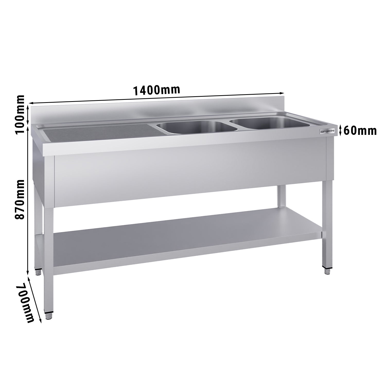 Stainless steel sink ECO - with base - 1.4 m - 2 basins on the right - L 40 x 50 x D 25 cm