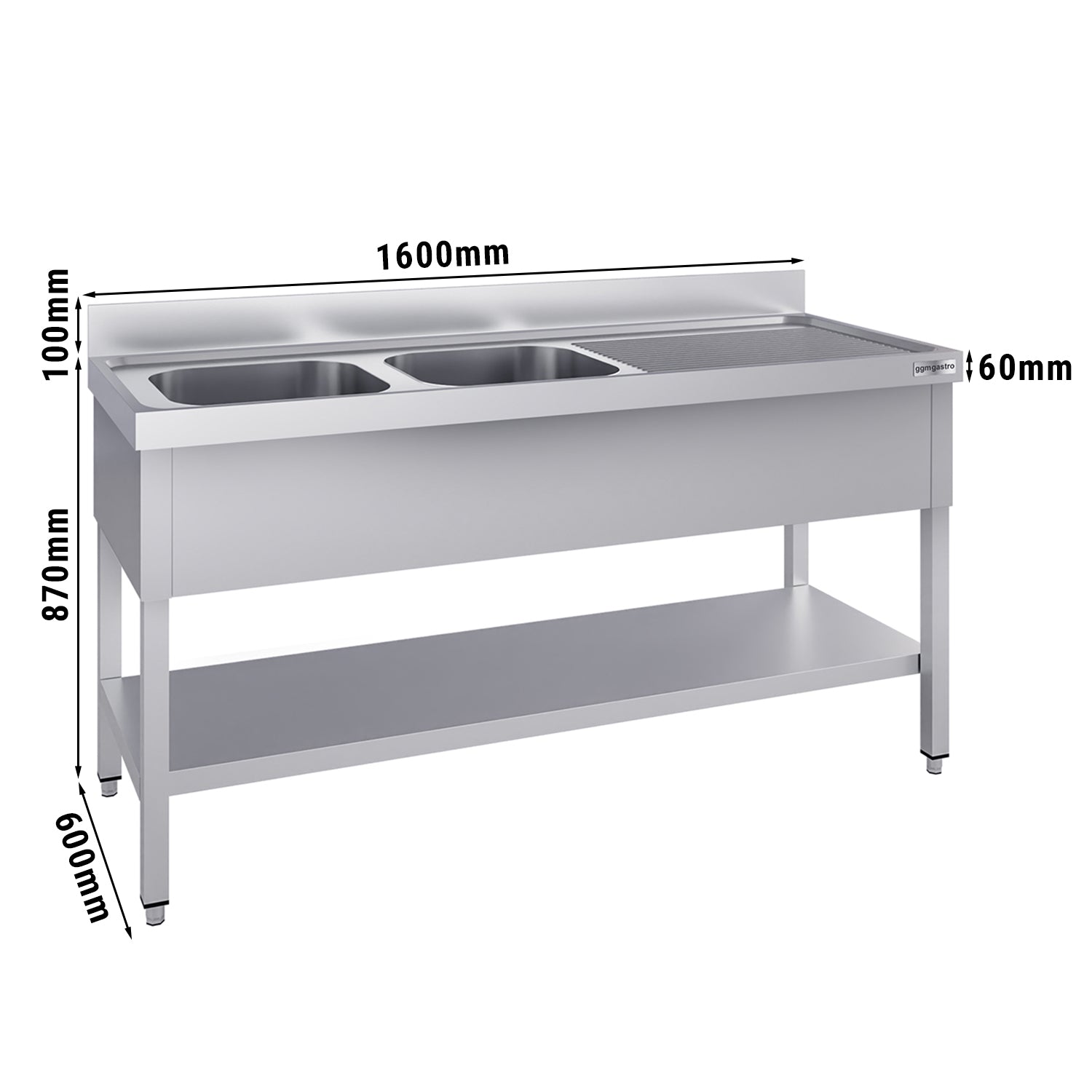 Stainless steel ECO washbasin - with base - 1.6 m - 2 basins on the left - L 40 x W 40 x D 25 cm