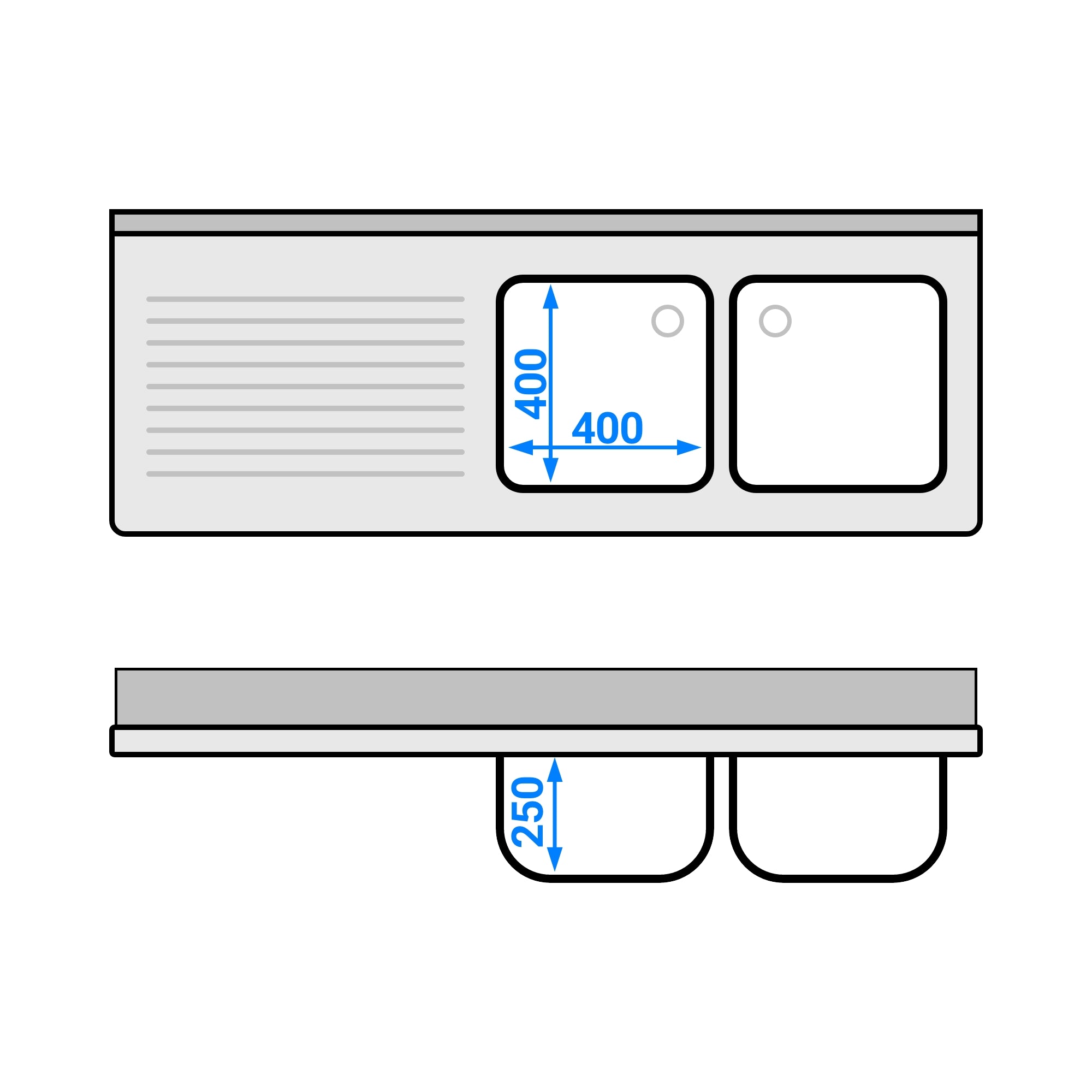 Sink with bottom 1.6m - 2 basins on the right L 40 x W 40 x L 25 cm