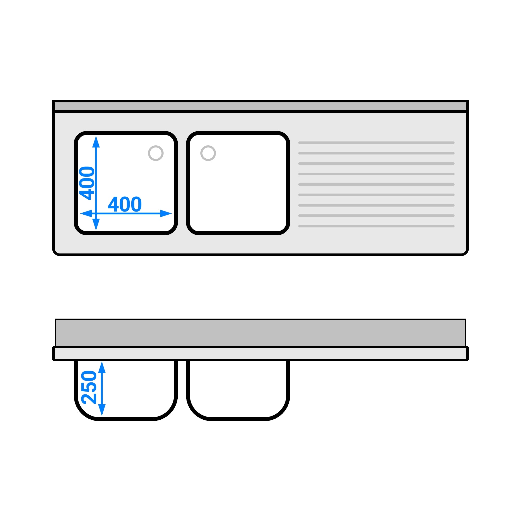 dishwashers Sink 1.6m - 2 basins on the left L 40 x W 40 x L 25 cm