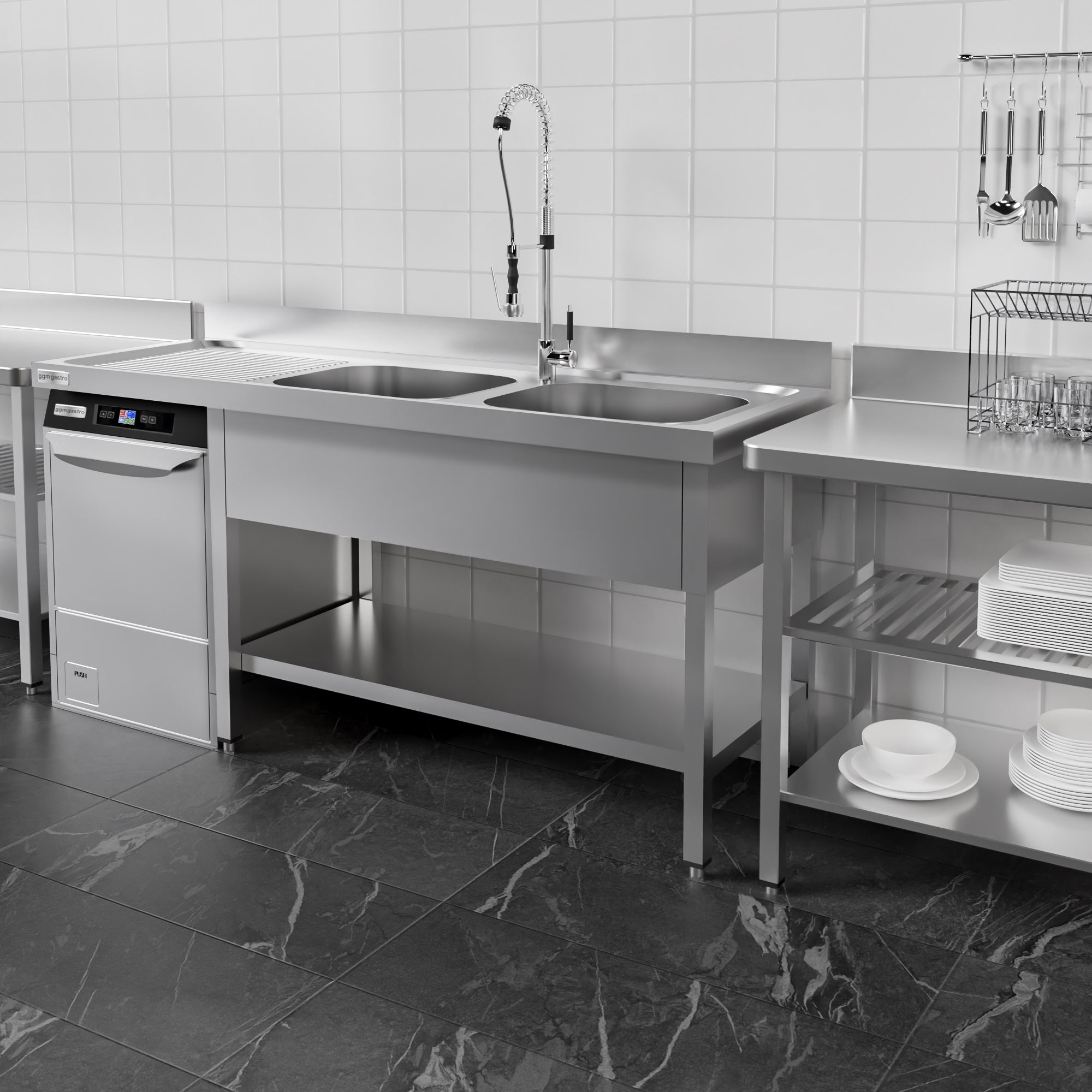 dishwashers Sink 1.6m - 2 basins on the right L 40 x W 40 x D 25 cm