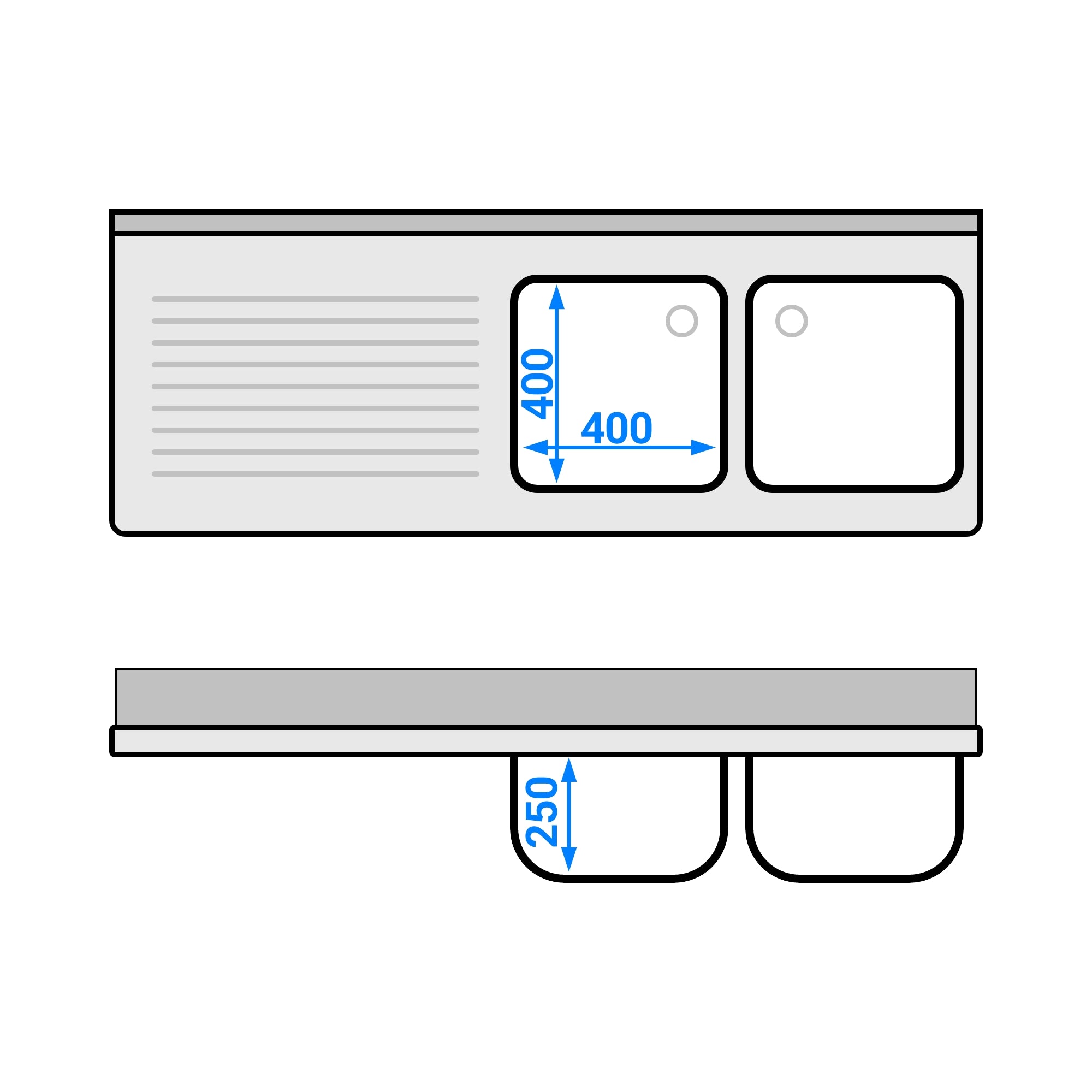 dishwashers Sink 1.6m - 2 basins on the right L 40 x W 40 x D 25 cm