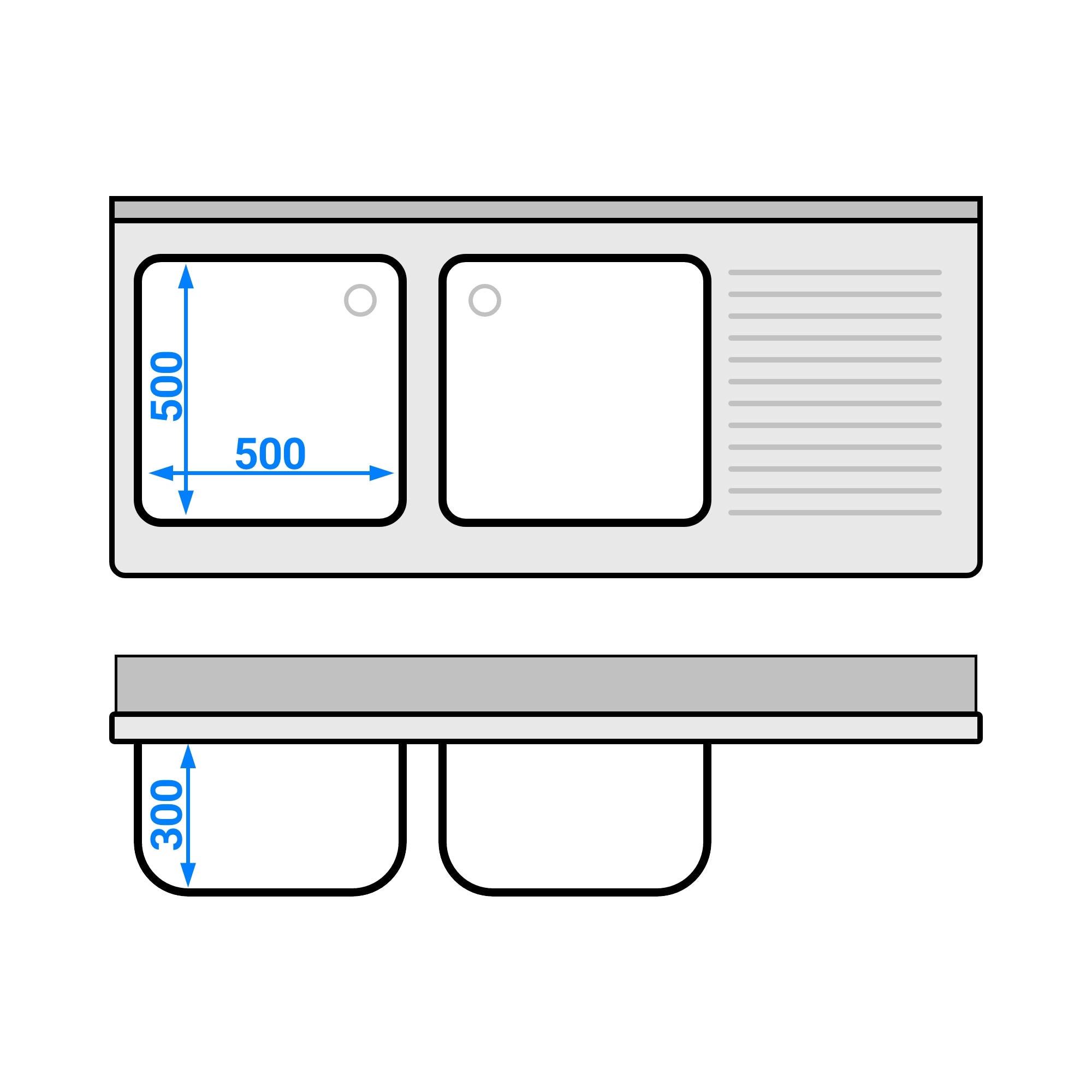 Sink with bottom 1.6 m - 2 basins on the left L 40 x W 50 x L 25 cm