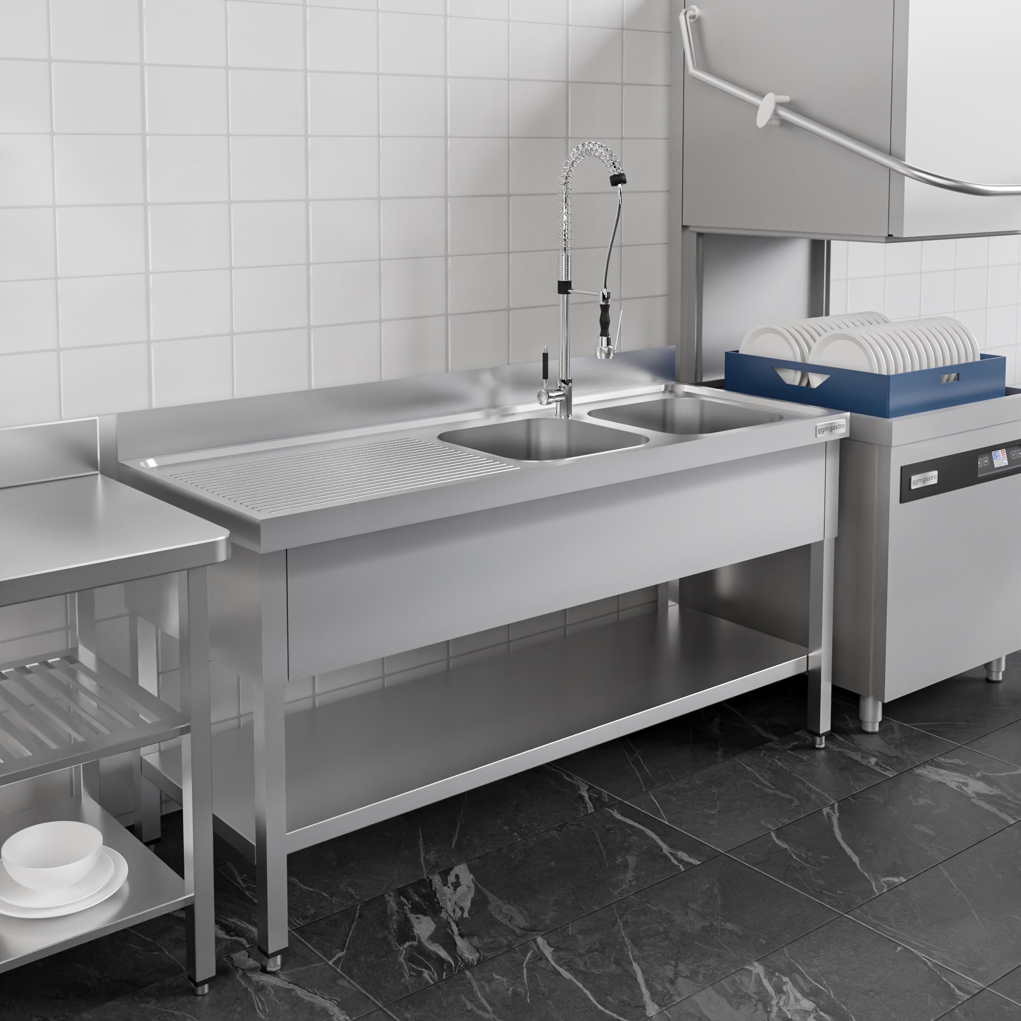 ECO stainless steel washbasin - with base - 1.6 m - 2 basins on the right - L 50 x W 50 x D 30 cm