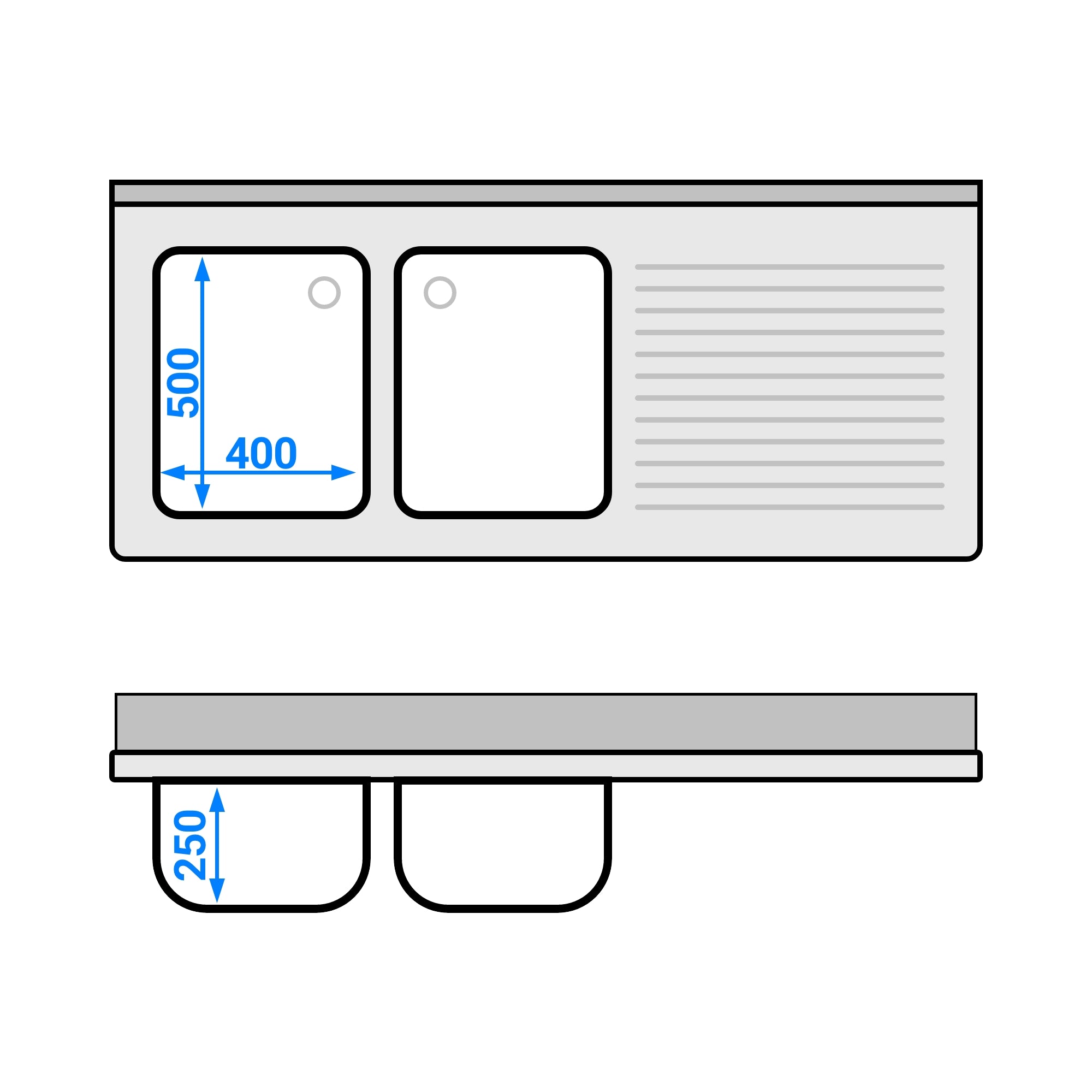 dishwashers Sink 1.6m - 2 basins on the left L 40 x W 50 x L 25 cm