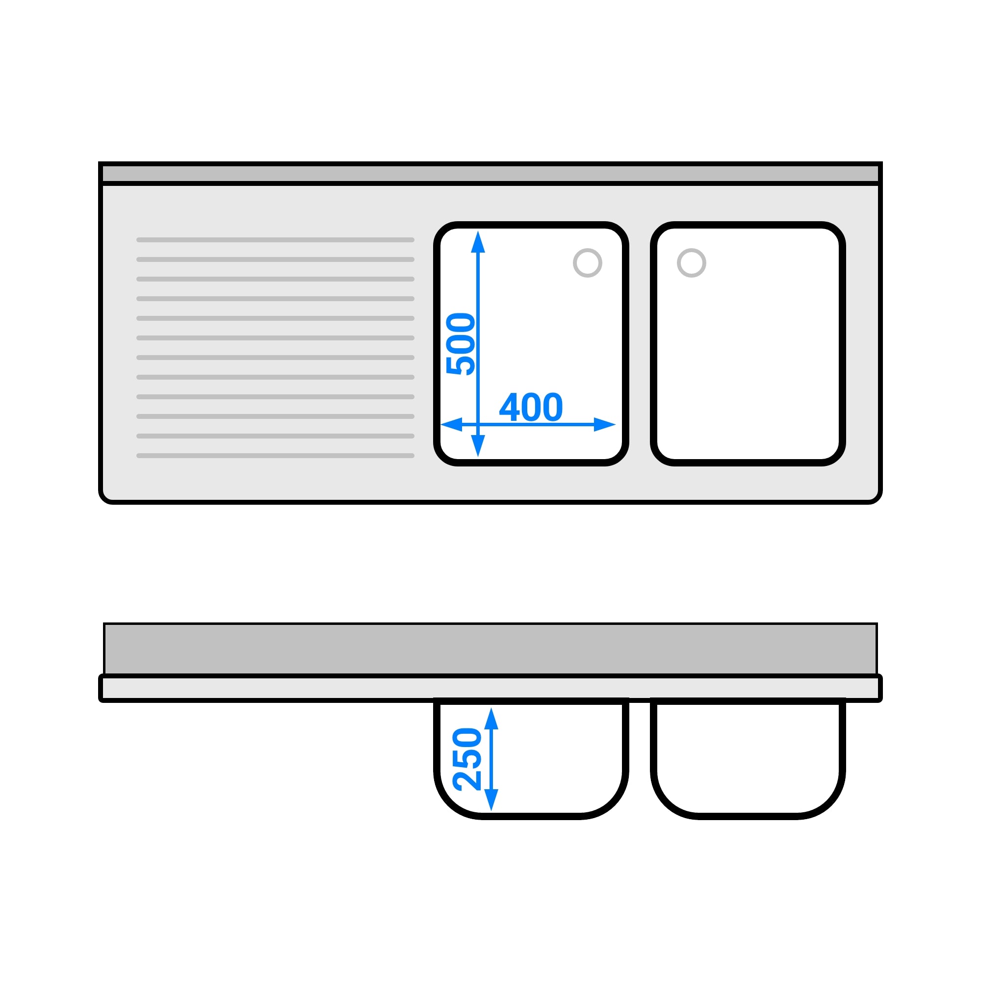 dishwashers Sink 1.6m - 2 basins on the right L 40 x W 50 x L 25 cm