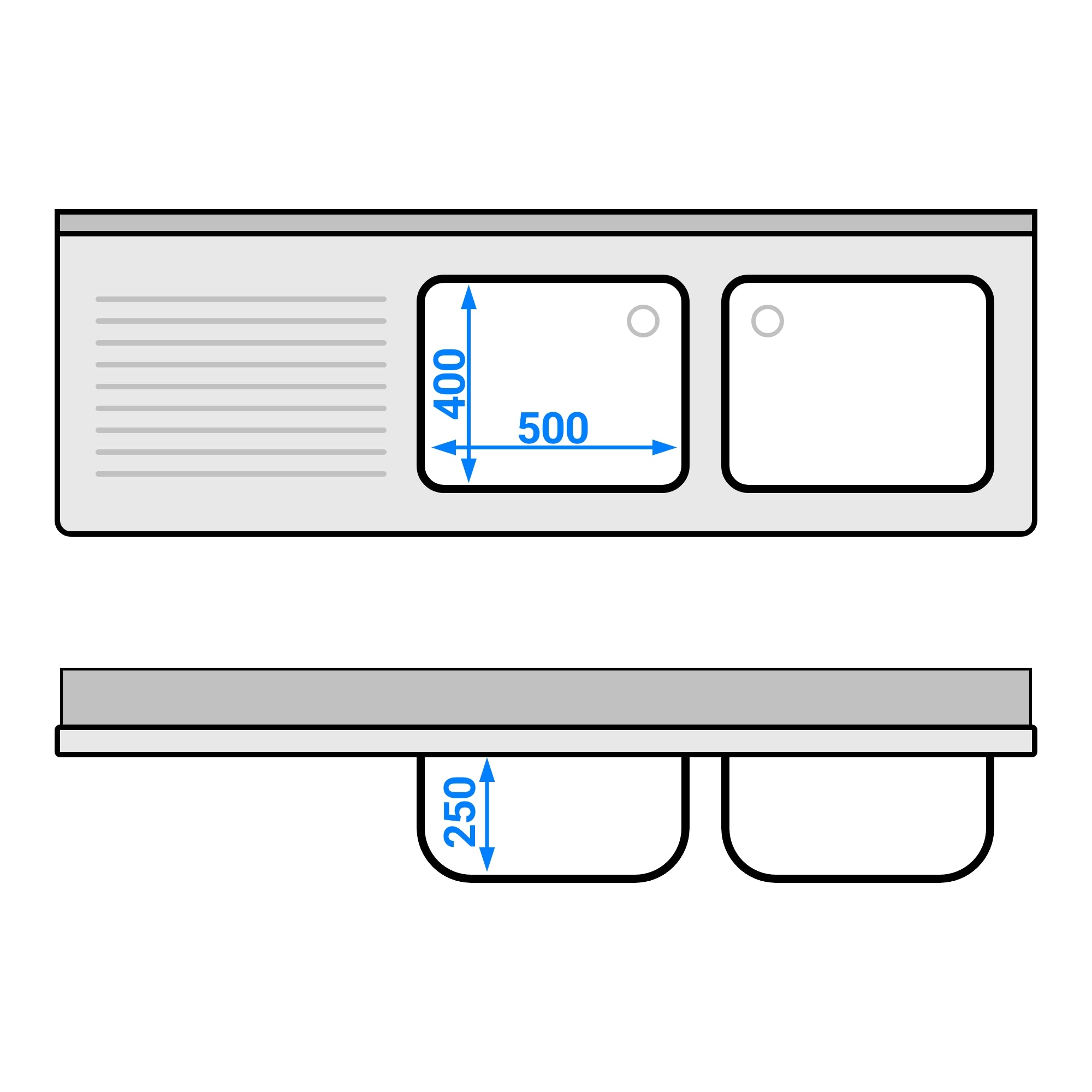 Stainless steel sink ECO - with base plate 1.8 m - 2 sinks on the right - L 50 x W 40 x D 25 cm