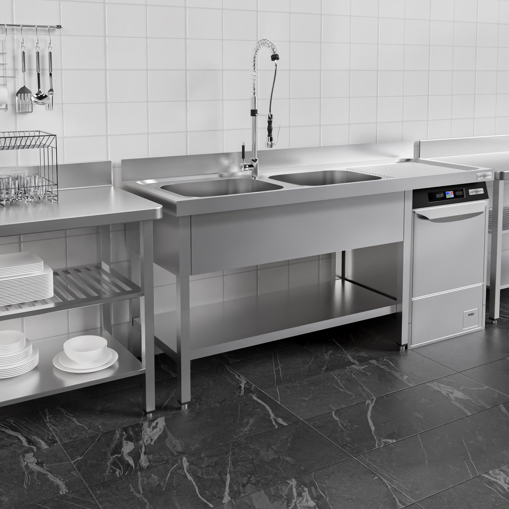 dishwashers Sink 1.8m - 2 basins on the left L 50 x W 40 x L 25 cm