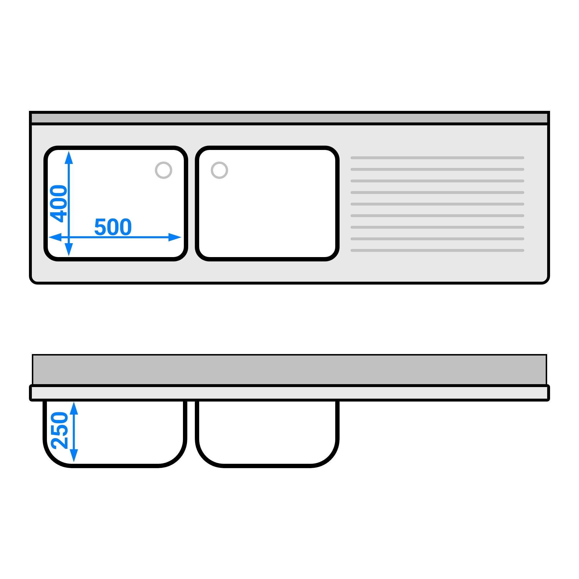 dishwashers Sink 1.8m - 2 basins on the left L 50 x W 40 x L 25 cm