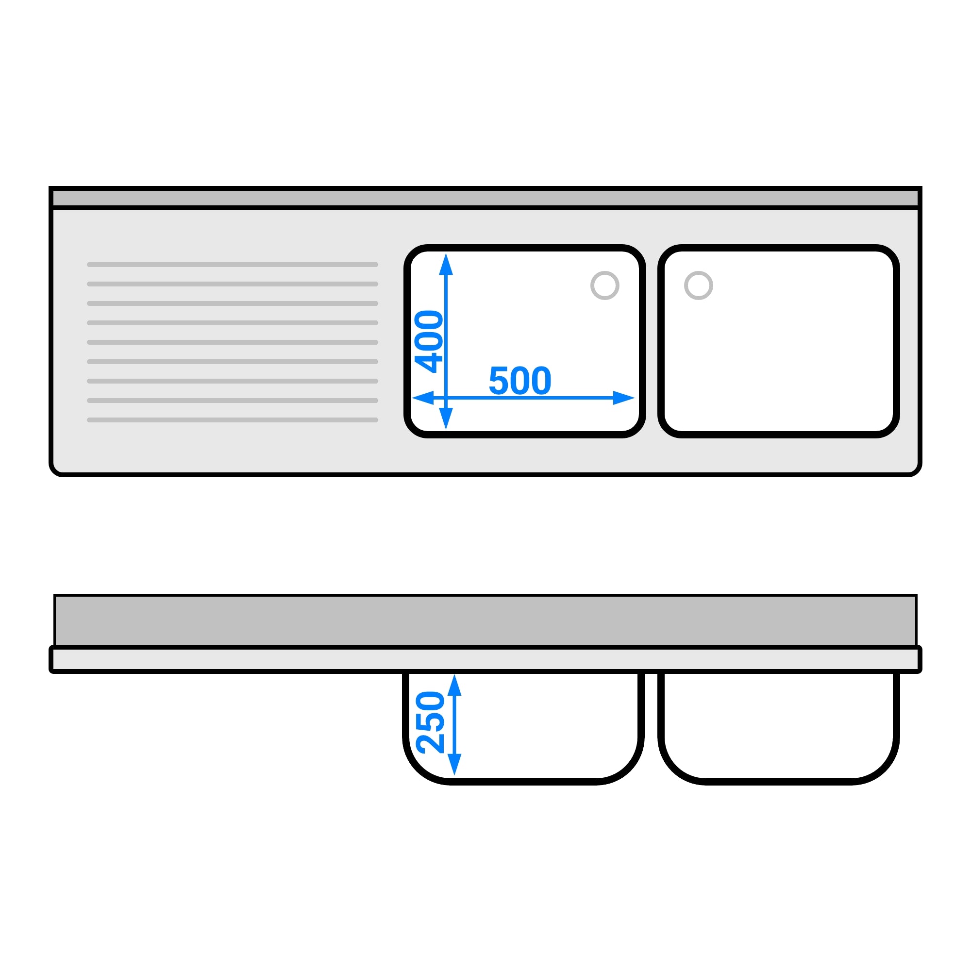 dishwashers Sink 1.8m - 2 basins on the right L 50 x W 40 x L 25 cm