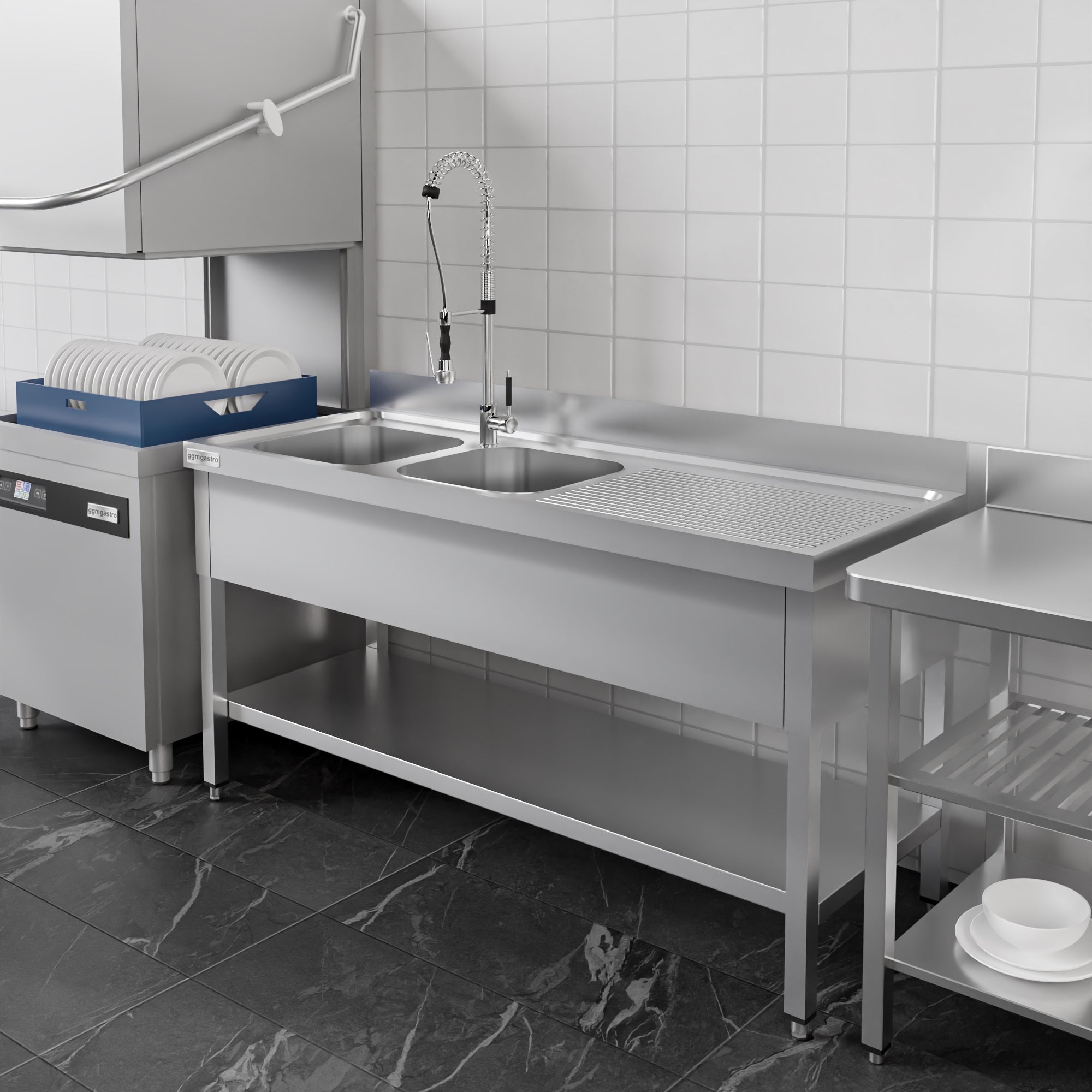 Stainless steel sink ECO - with base - 1.8 m - 2 basins on the left - L 50 x W 50 x D 30 cm