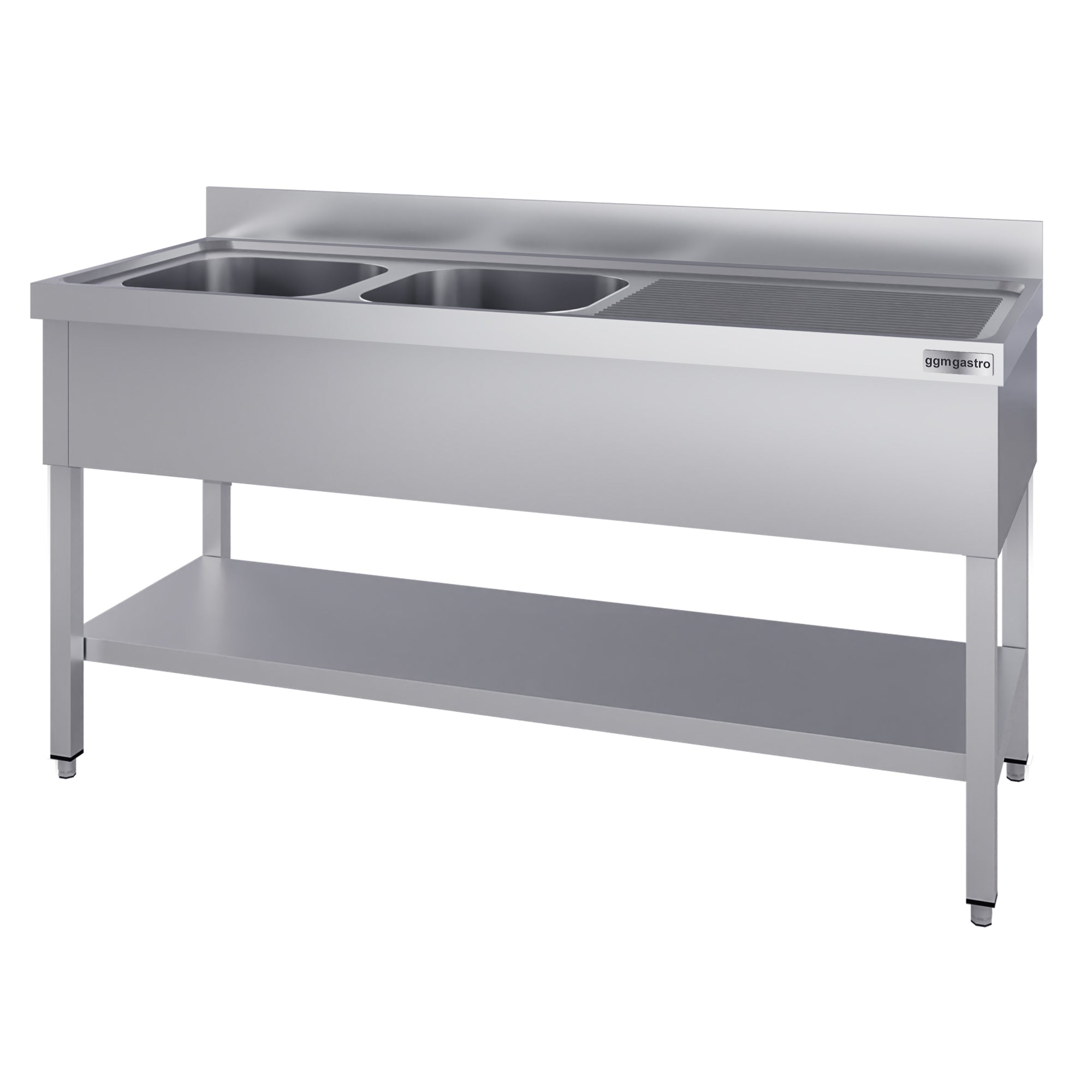 Stainless steel sink ECO - with base - 1.8 m - 2 basins on the left - L 50 x W 50 x D 30 cm