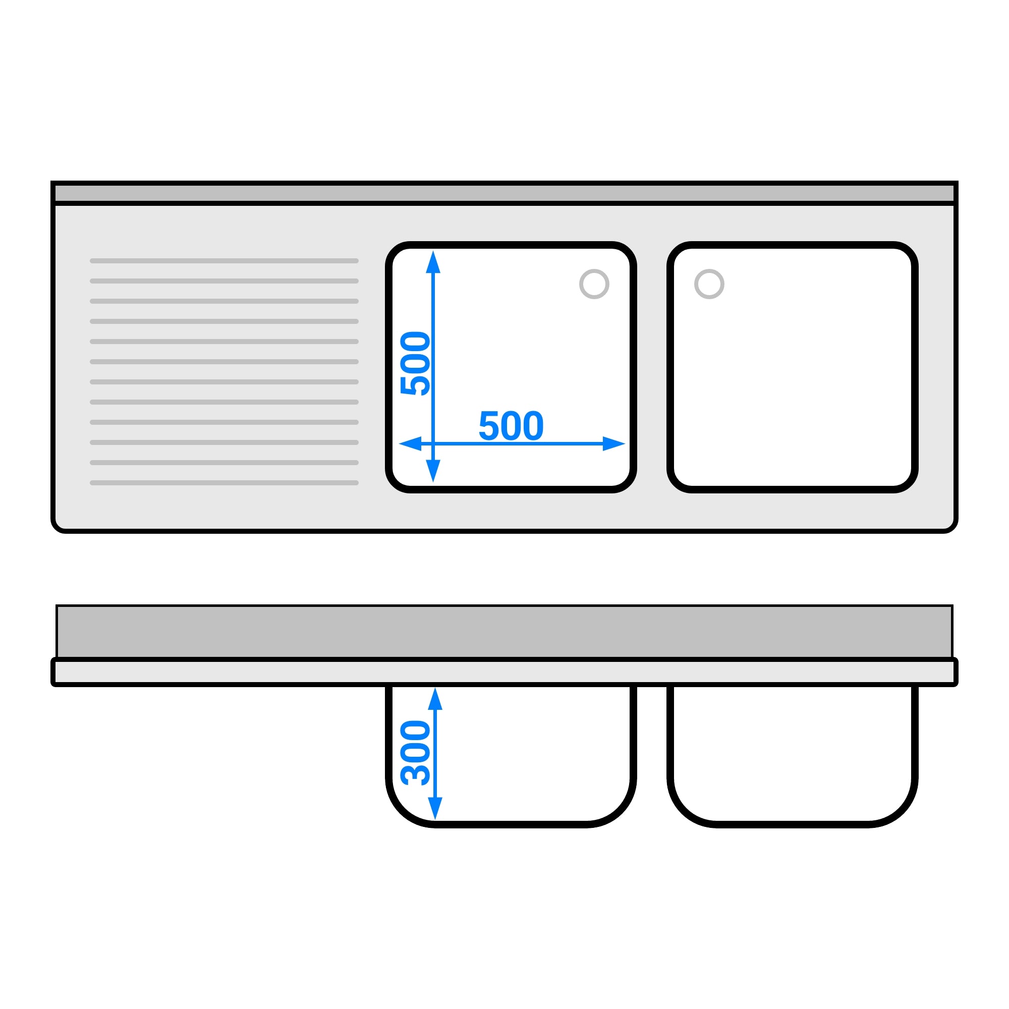 Stainless steel sink ECO - with base plate 1.8 m - 2 sinks on the right - L 50 x W 50 x D 30 cm