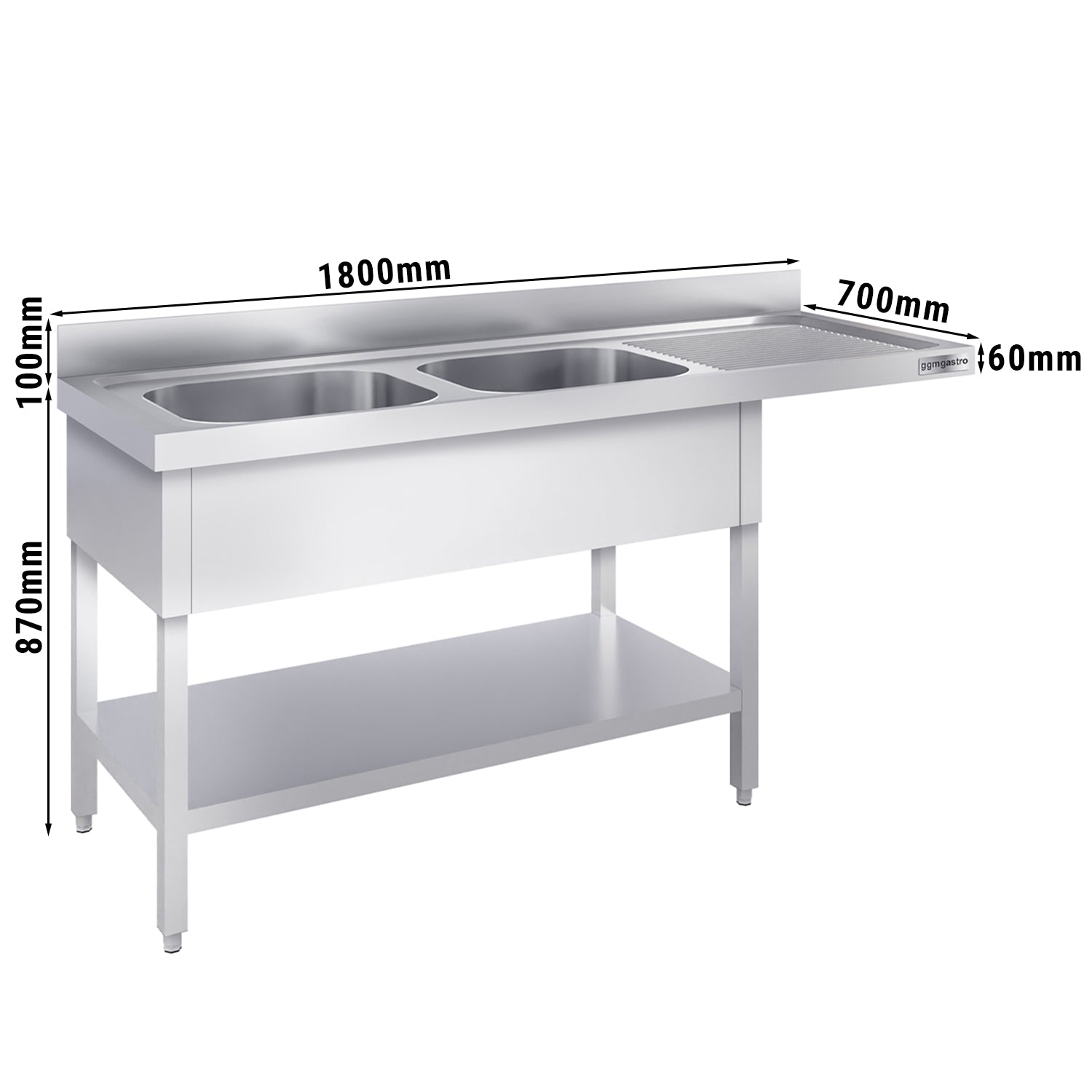 dishwashers Sink 1.8m - 2 basins on the left L 50 x W 50 x L 30 cm