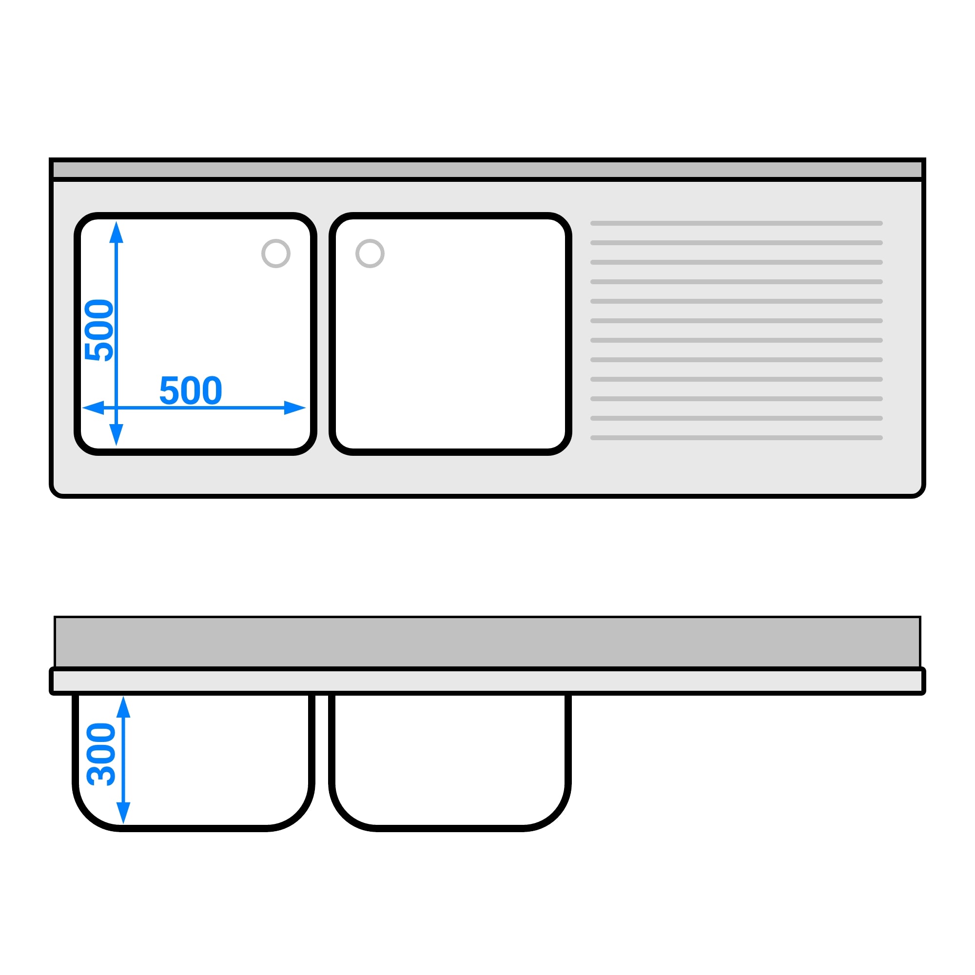 dishwashers Sink 1.8m - 2 basins on the left L 50 x W 50 x L 30 cm