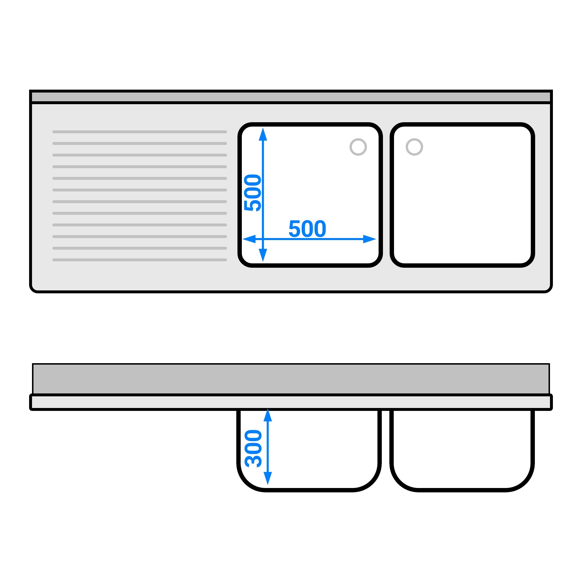 dishwashers Sink 1.8m - 2 basins on the right L 50 x W 50 x D 30 cm