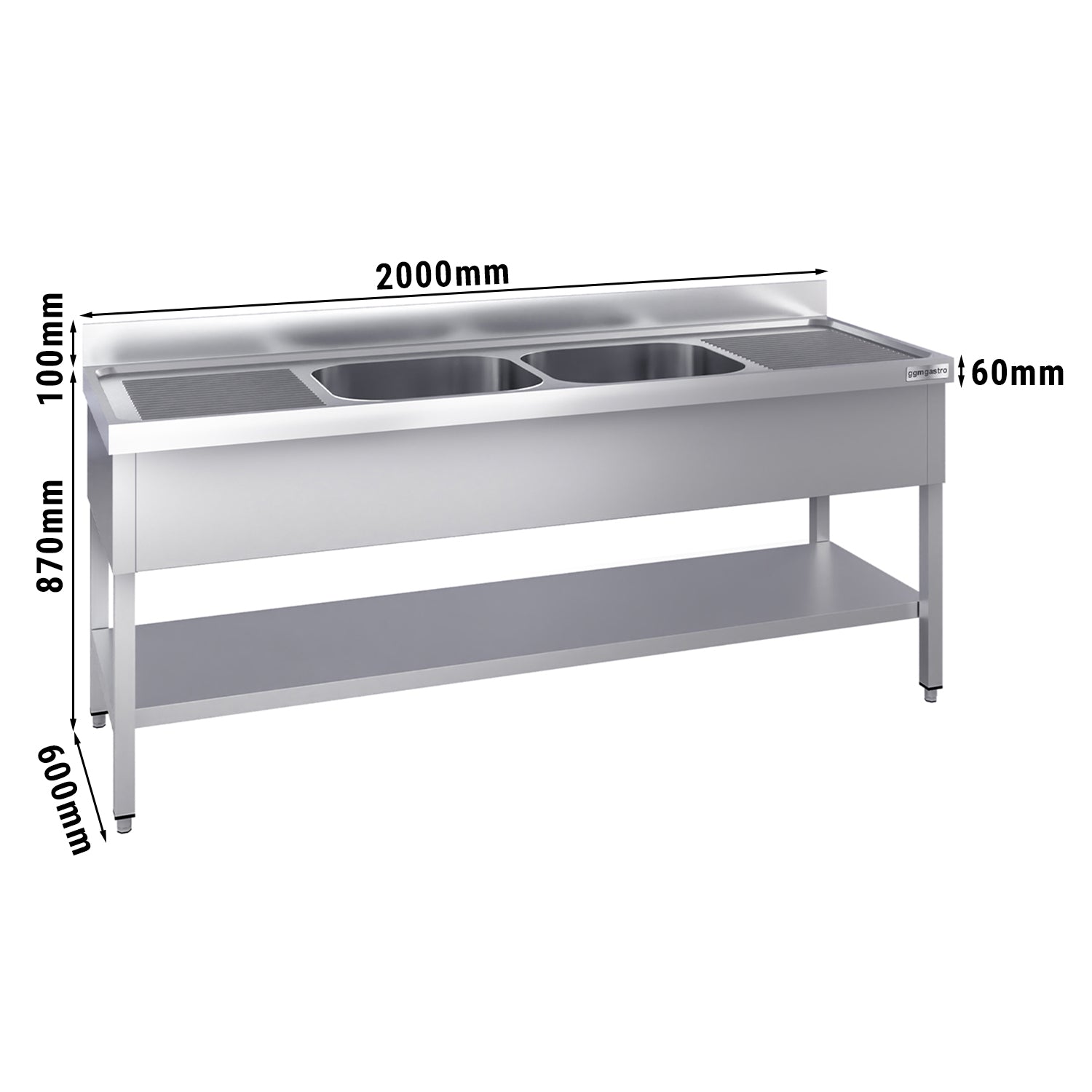 Sink with bottom 2.0m - 2 basins centered L 40 x W 40 x L 25 cm