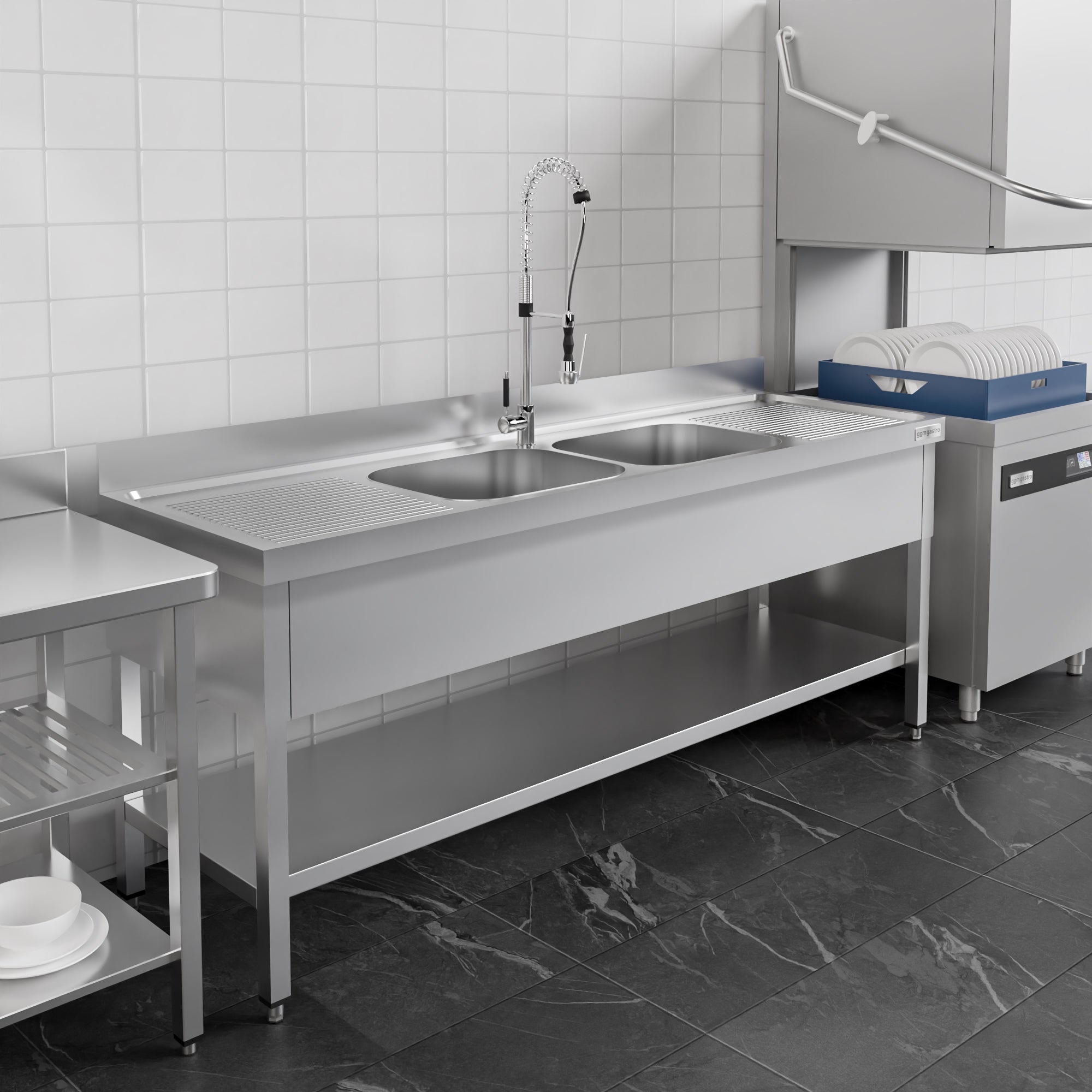 Sink with bottom 1.8 m - 2 basins centered L 50 x W 40 x D 25 cm