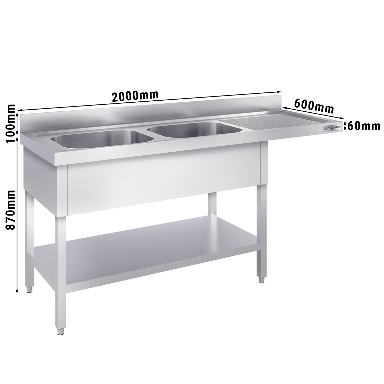 dishwashers Sink 2.0m - 2 basins on the left L 50 x W 40 x L 25 cm