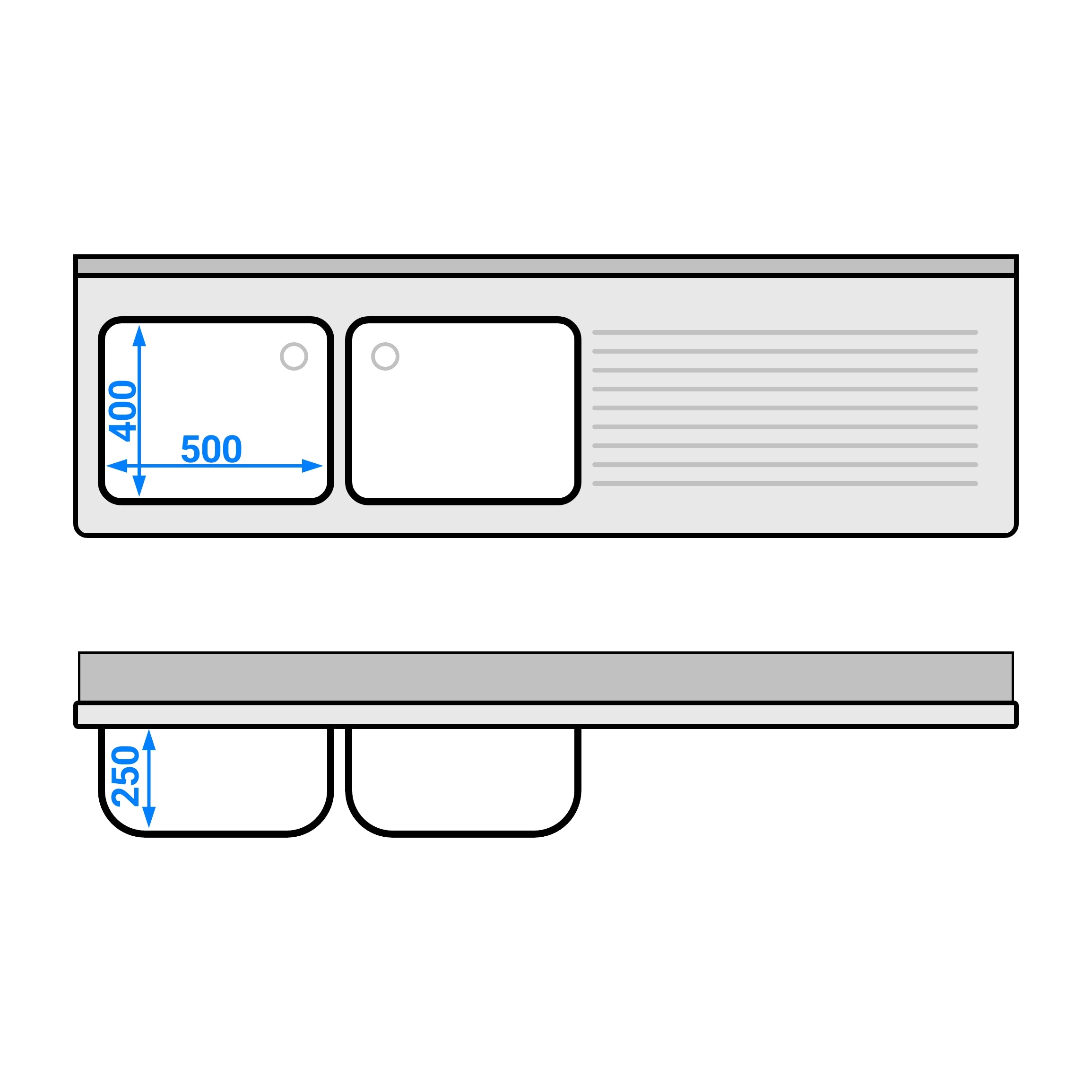 dishwashers Sink 2.0m - 2 basins on the left L 50 x W 40 x L 25 cm