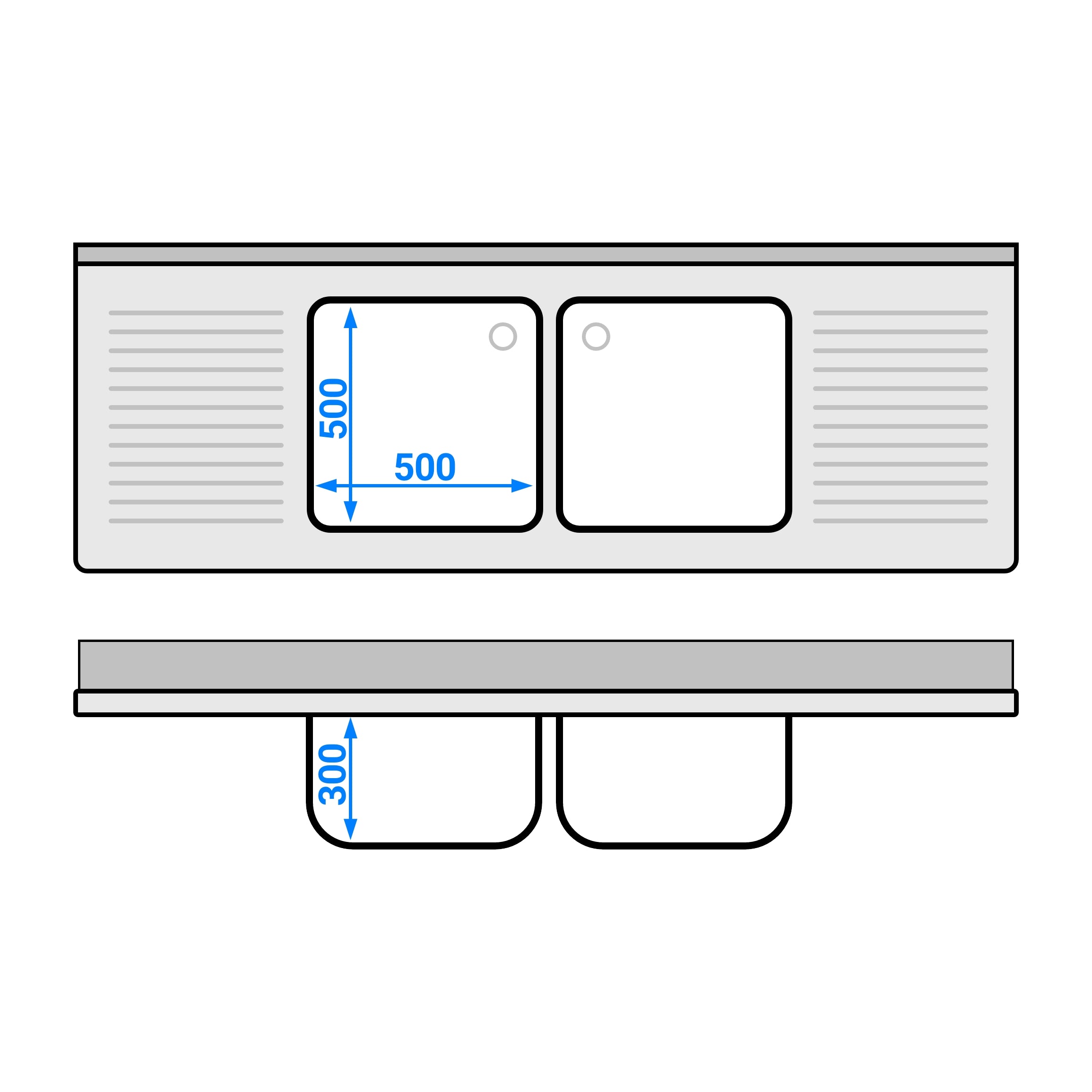 Sink with bottom 2.0m - 2 basins centered L 50 x W 50 x L 30 cm