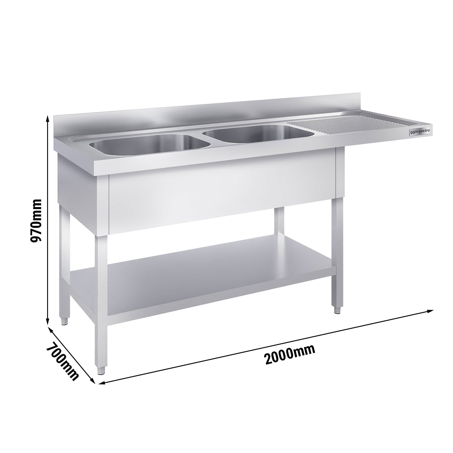 dishwashers Sink 2.0m - 2 basins on the left L 60 x W 50 x L 30 cm