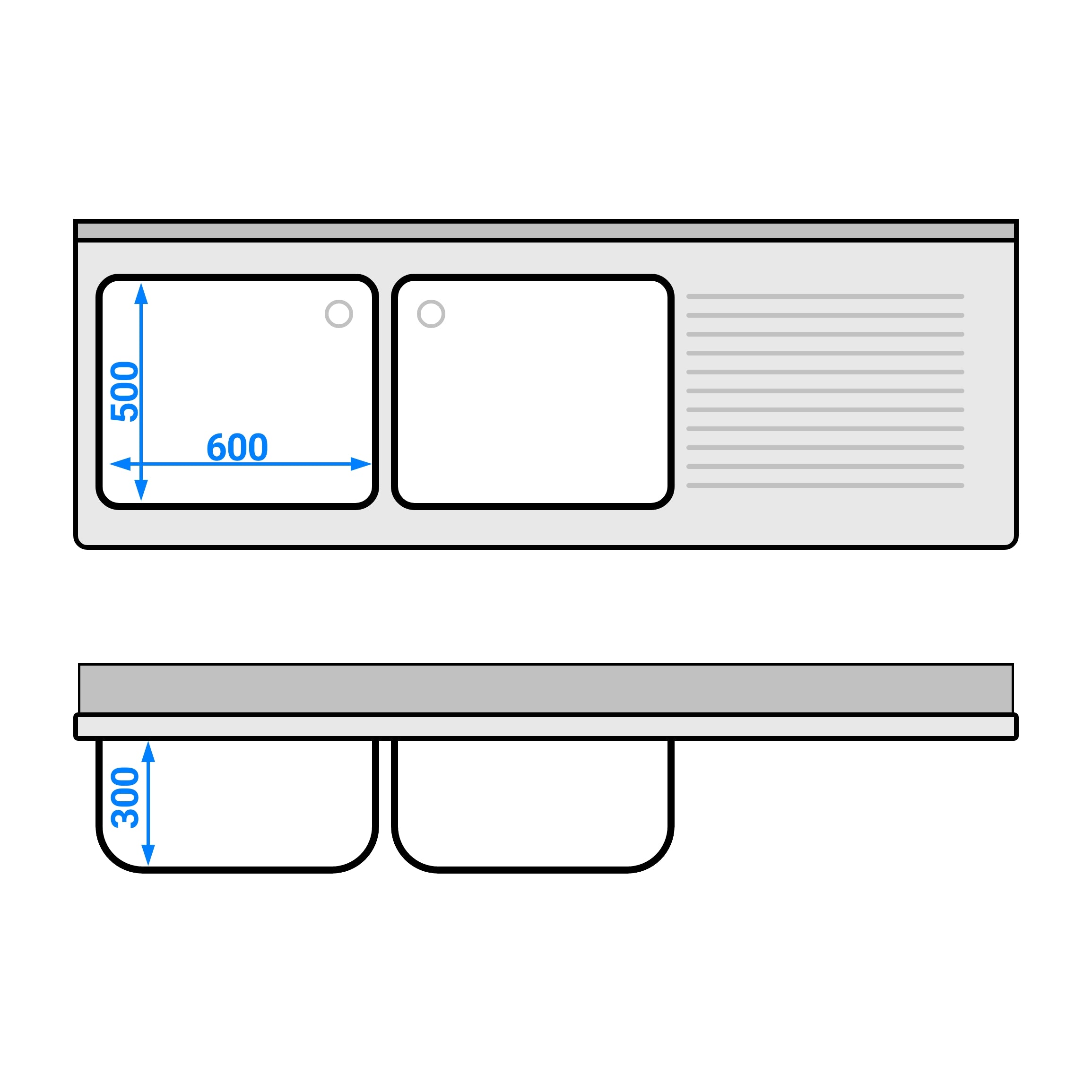 dishwashers Sink 2.0m - 2 basins on the left L 60 x W 50 x L 30 cm