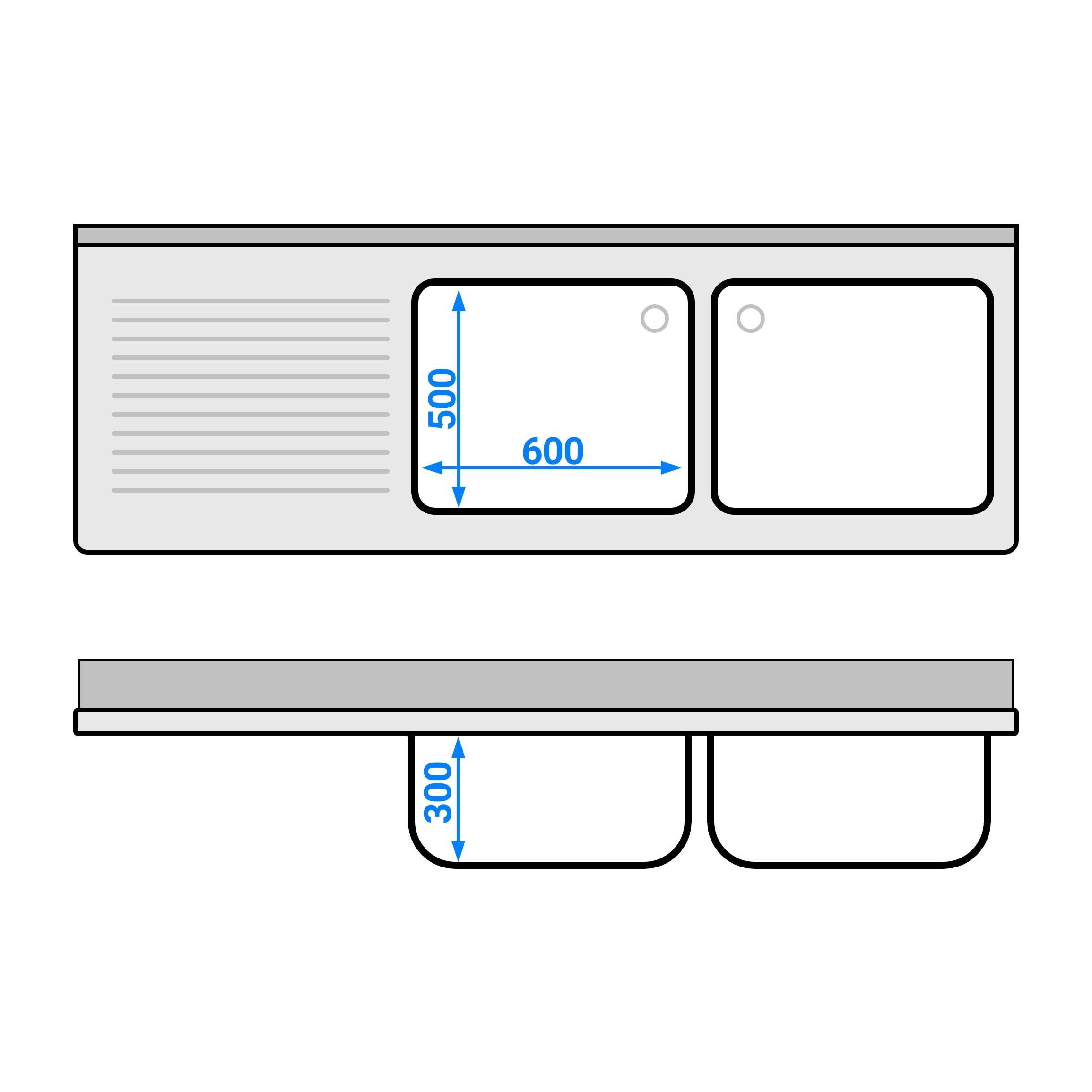 dishwashers Sink 2.0m - 2 basins on the right L 60 x W 60 x D 30 cm