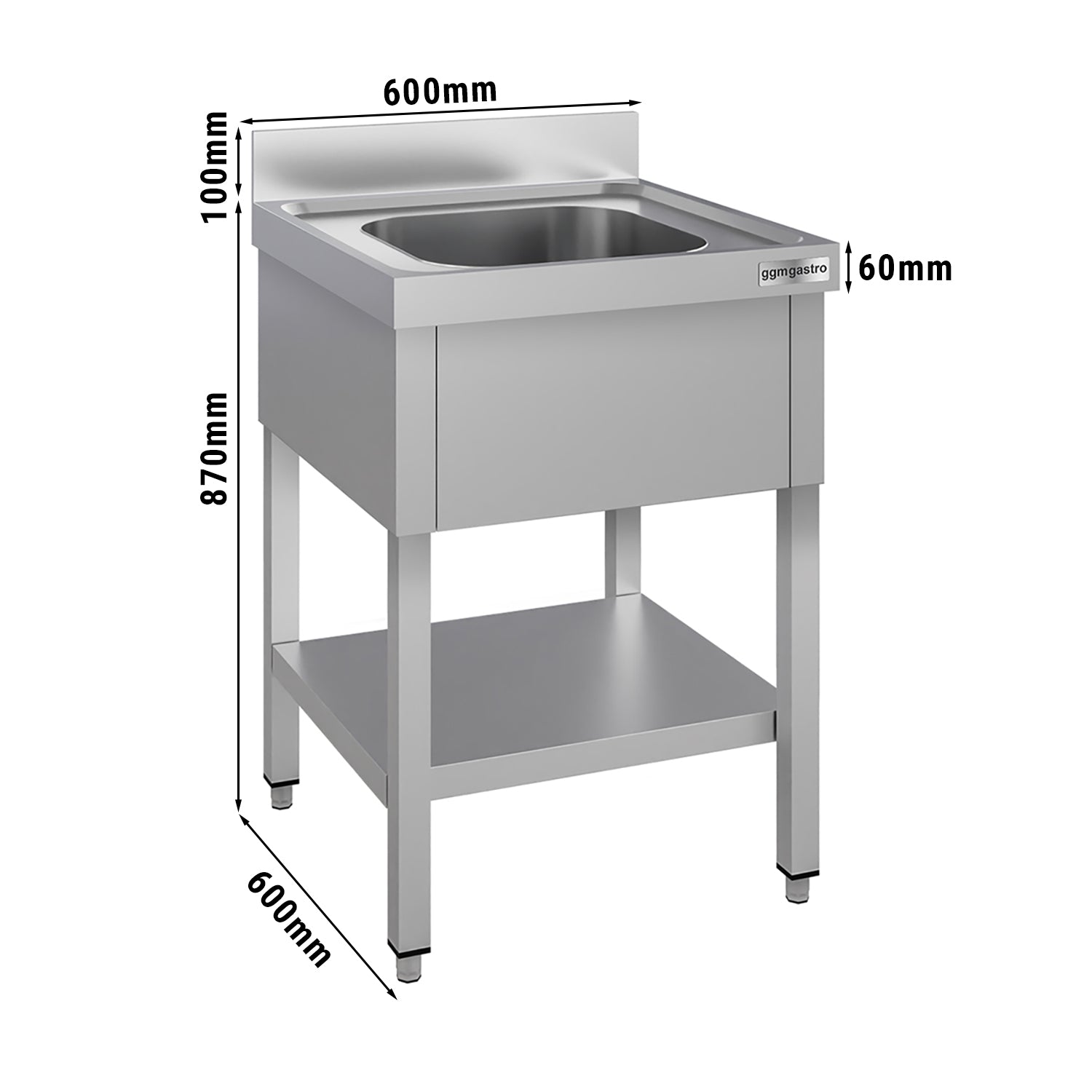 Stainless steel sink ECO - with base - 0.6 m - 1 sink - L 40 x W 40 x D 25 cm