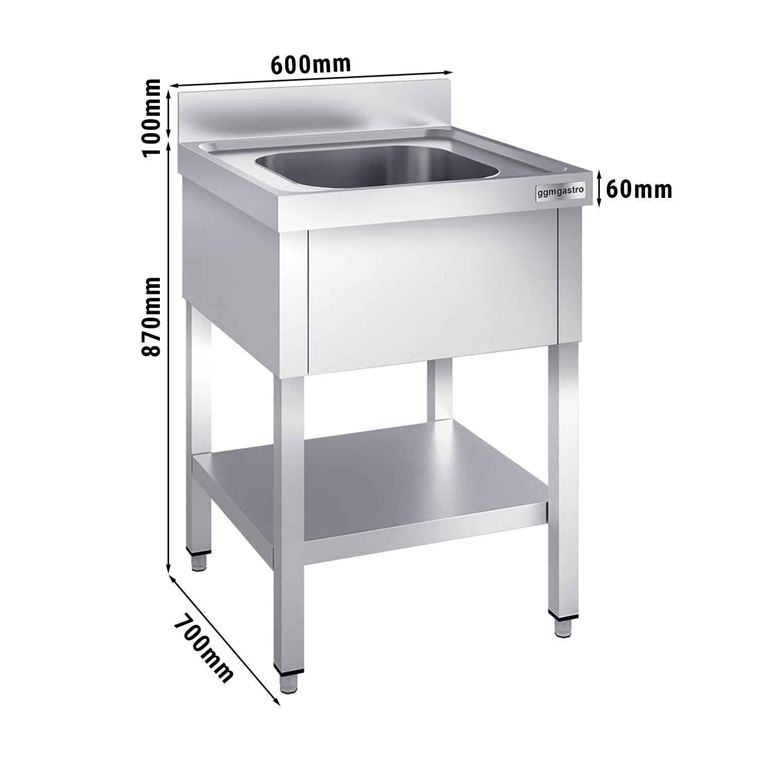 Sink with bottom 0.6m - 1 basin on the left L 40 x W 40 x D 25 cm