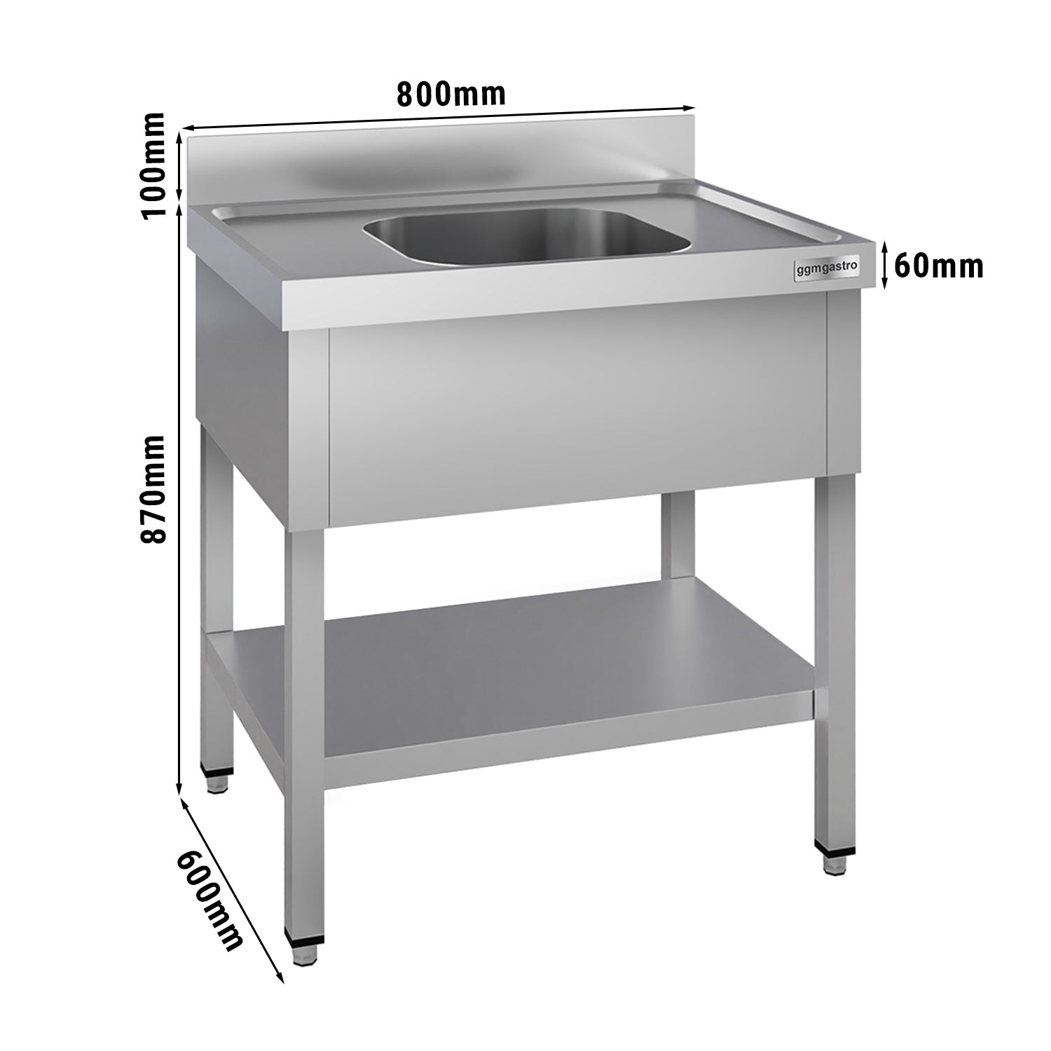 Stainless steel sink ECO - with base - 0.8 m - 1 sink - L 40 x W 40 x D 25 cm