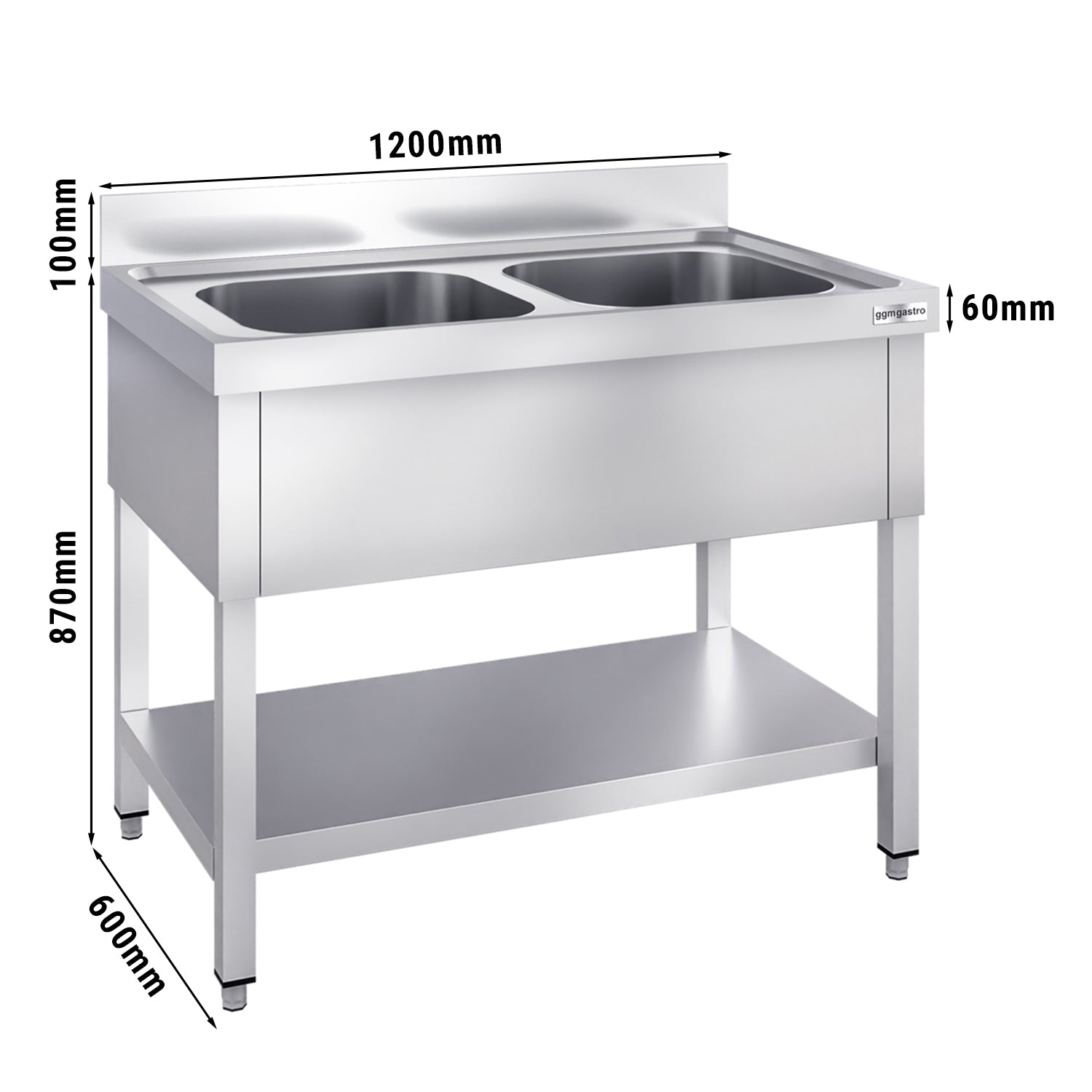 Sink with bottom 1.2 m - 2 basins centered L 50 x W 40 x D 25 cm