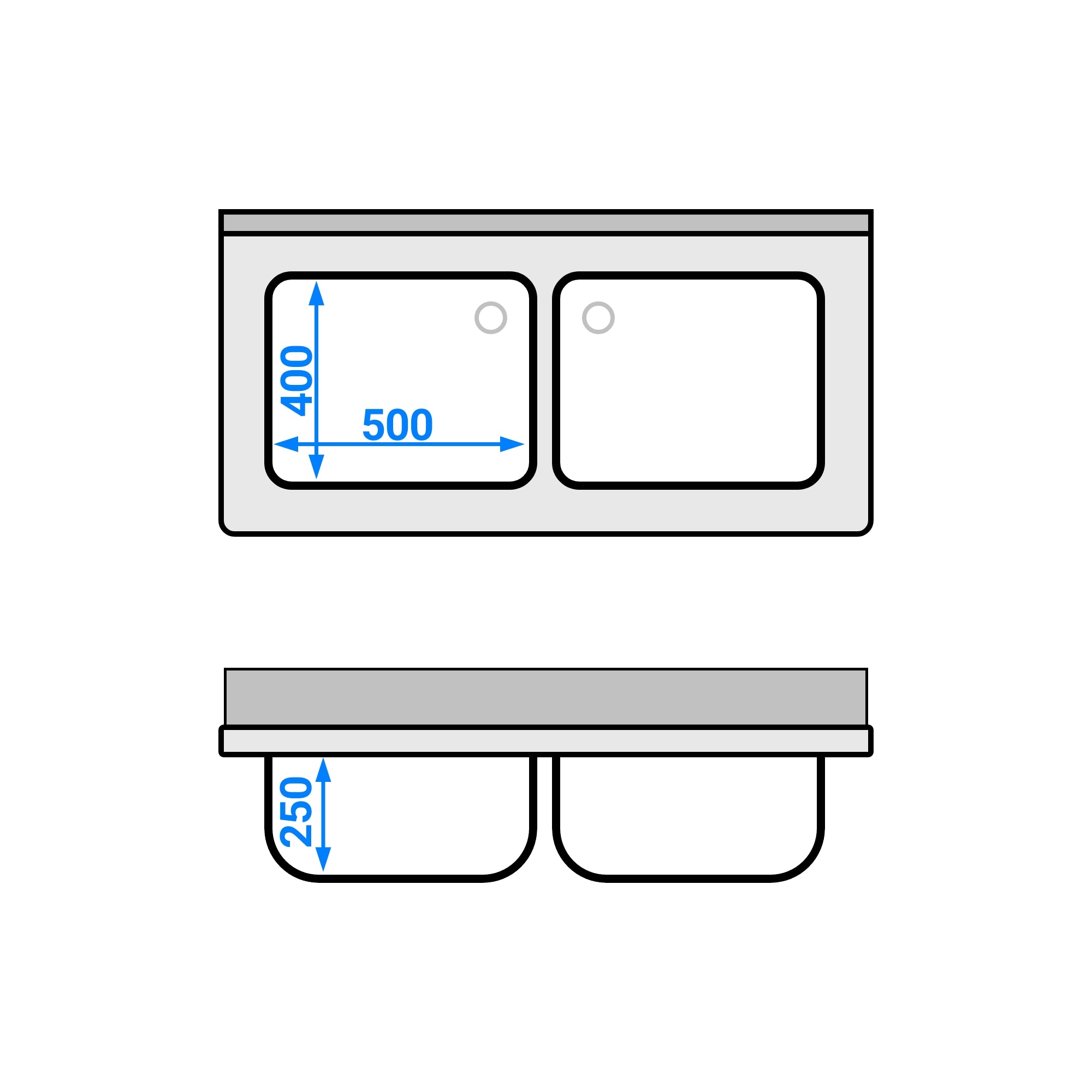 Sink with bottom 1.2 m - 2 basins centered L 50 x W 40 x D 25 cm