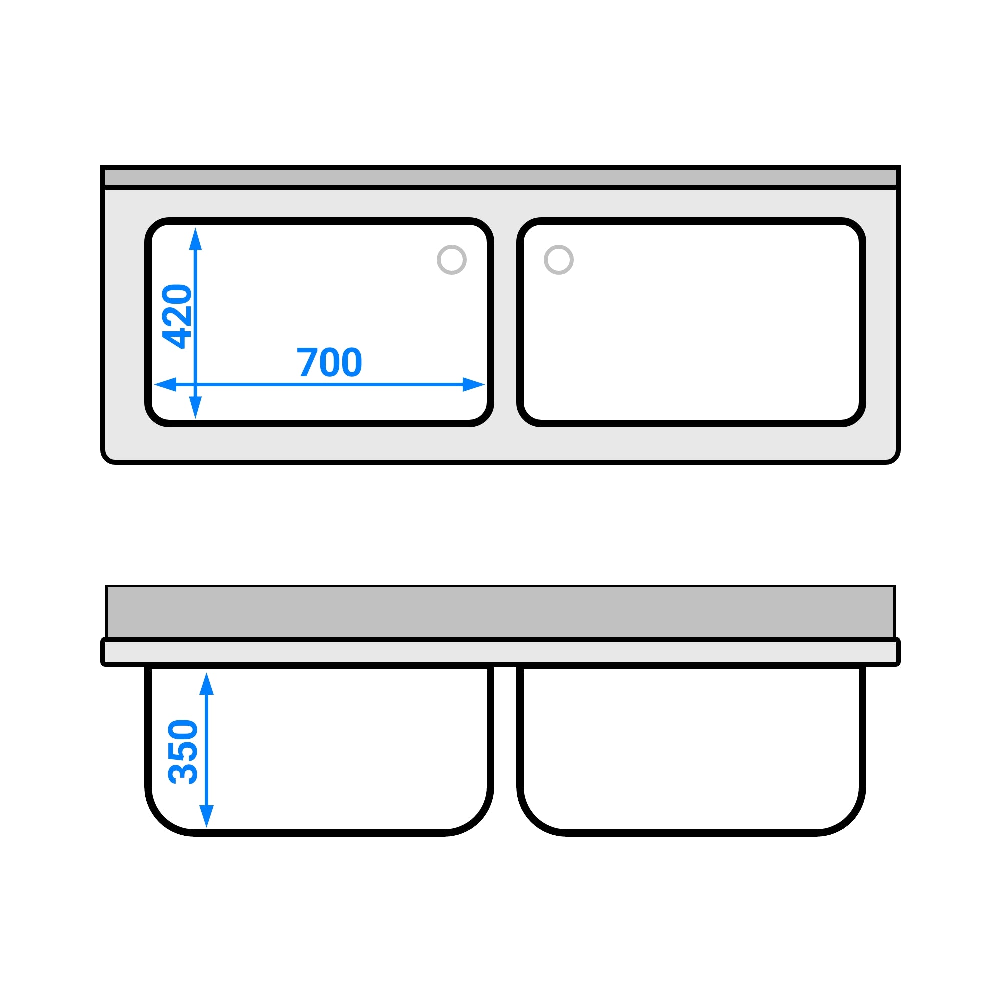 Sink with bottom for pots 1.6 m - 2 basins L 60 x W 50 x D 35 cm