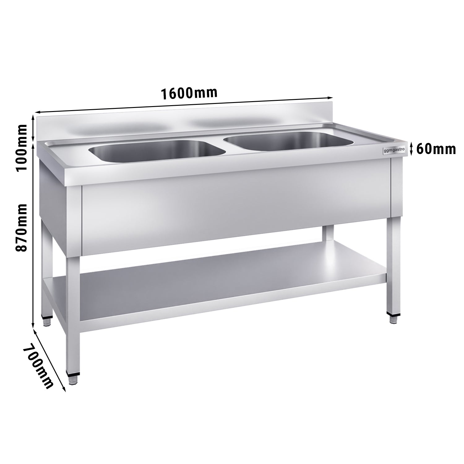 Sink with bottom 1.6 m - 2 basins centered L 60 x W 60 x D 30 cm