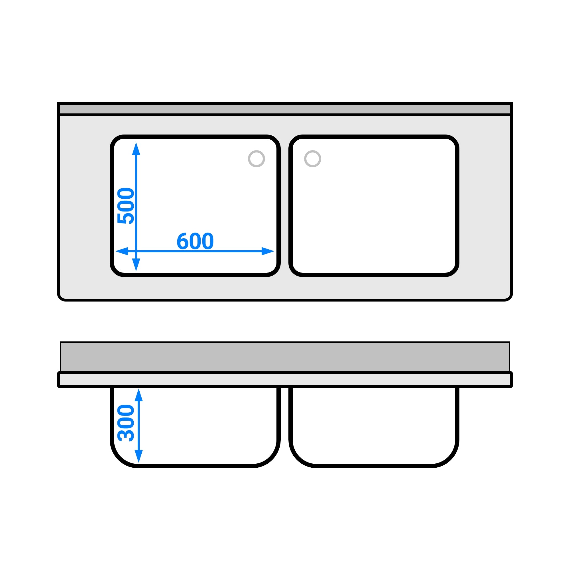 Sink with bottom 1.6 m - 2 basins centered L 60 x W 60 x D 30 cm