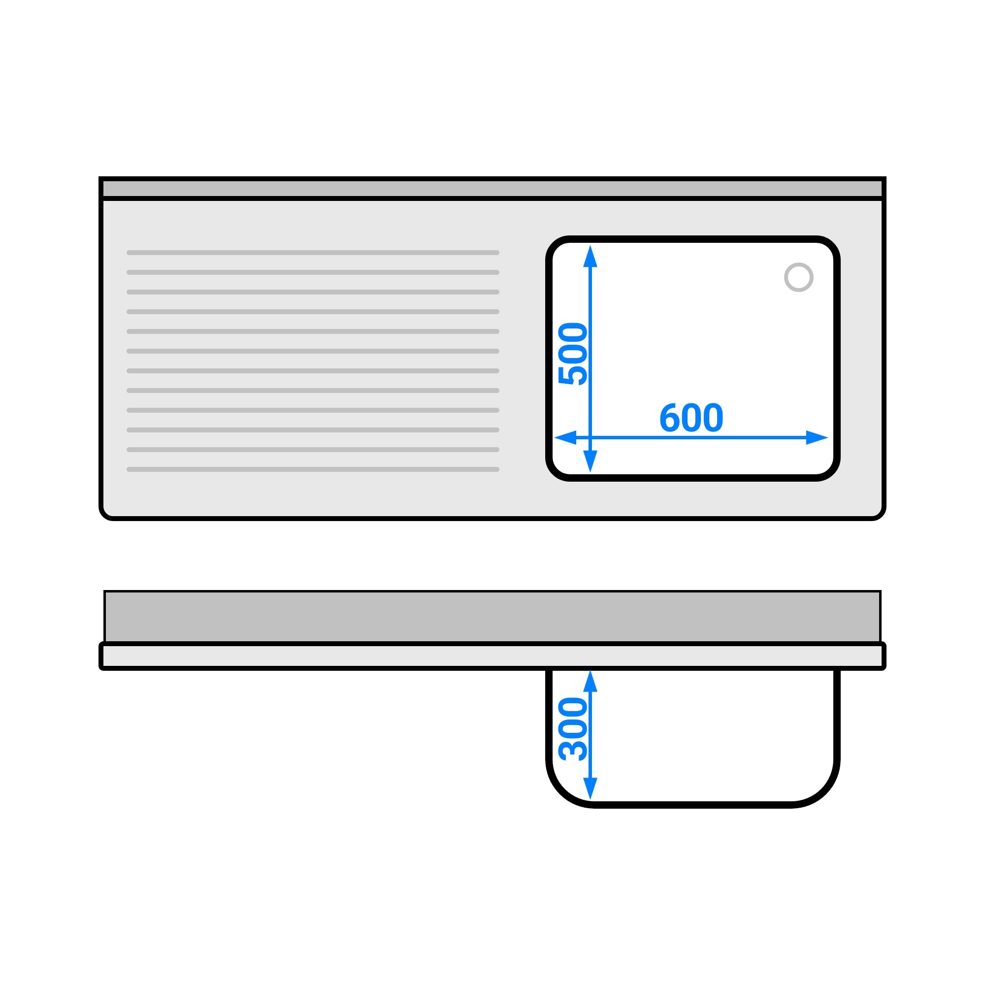 Sink with bottom 1.6 m - 1 basin on the right L 60 x W 50 x D 30 cm