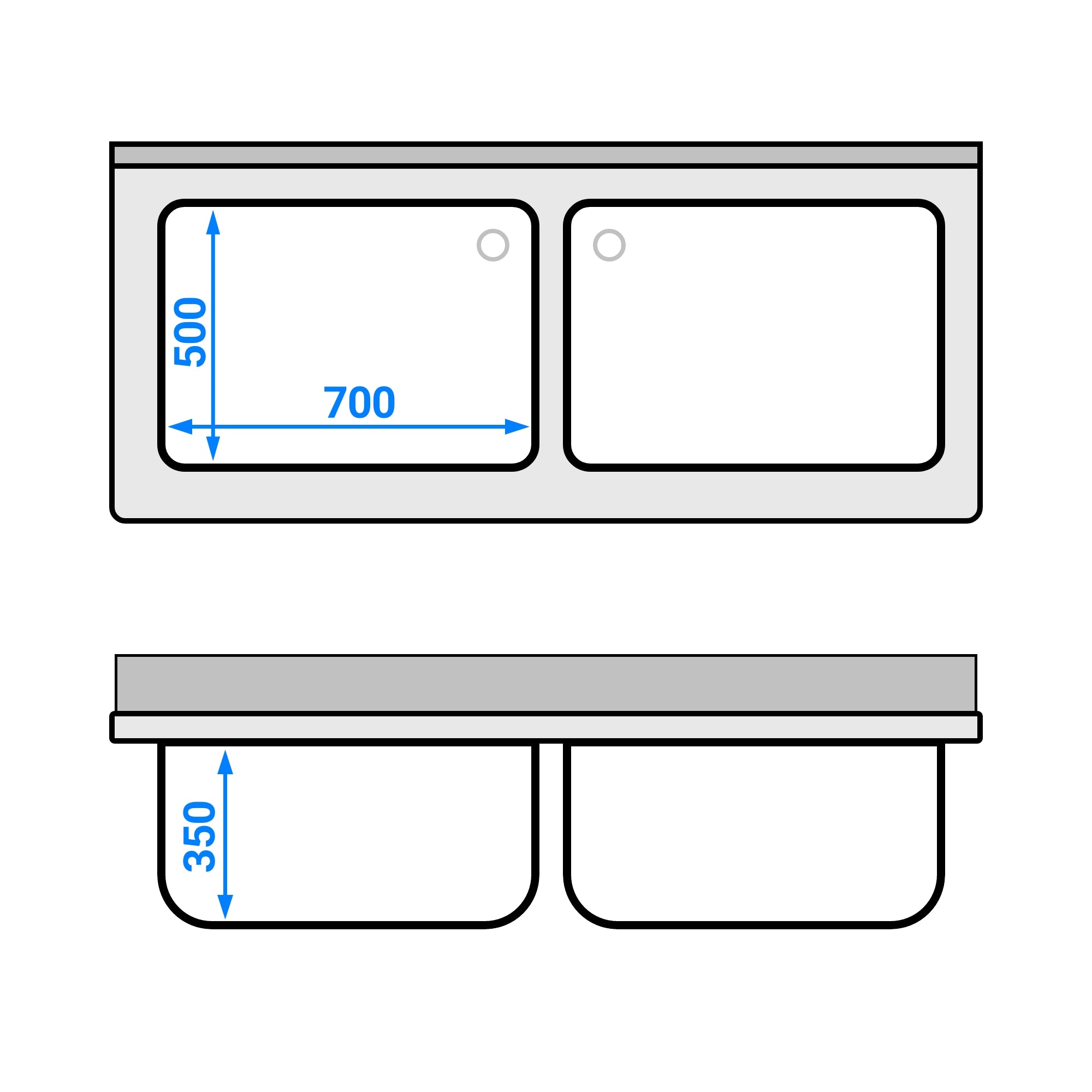 Sink with bottom for pots 1.6 m - 2 basins L 70 x W 50 x D 35 cm