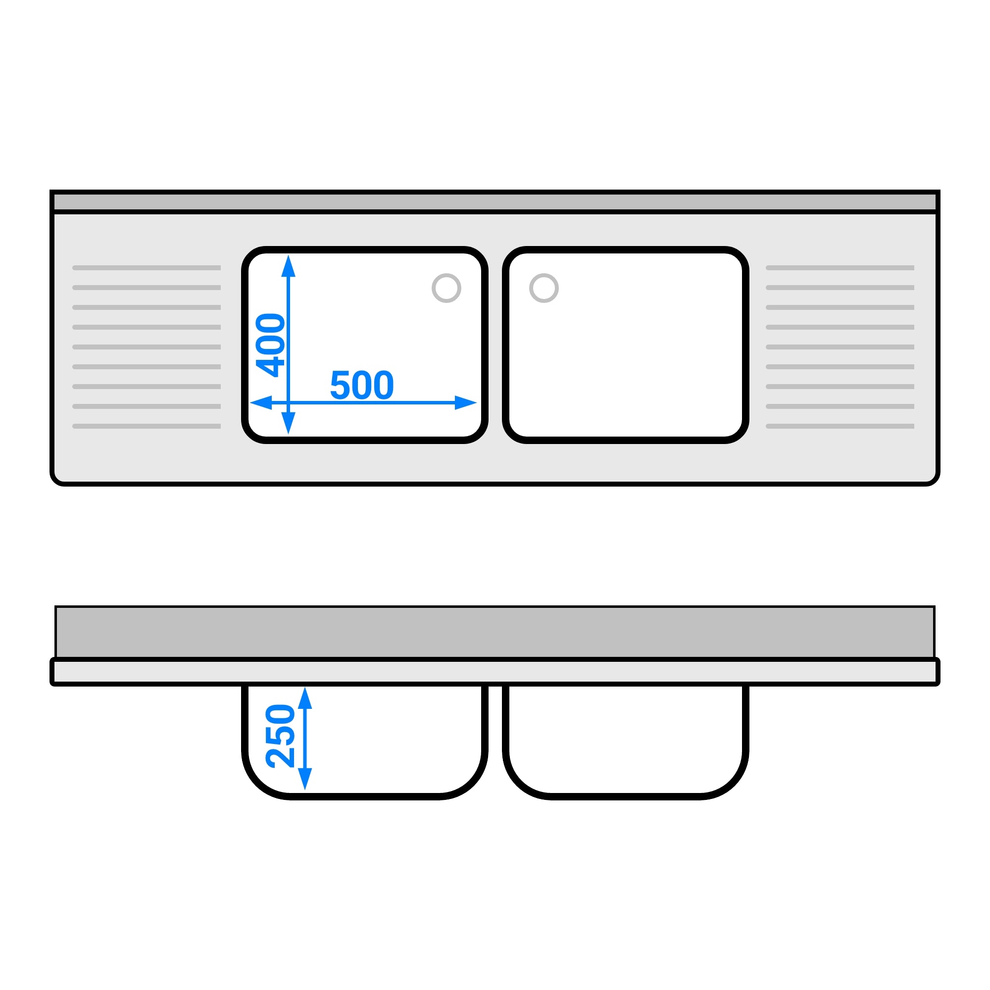 Sink with bottom 1.8 m - 2 basins centered L 50 x W 40 x D 25 cm