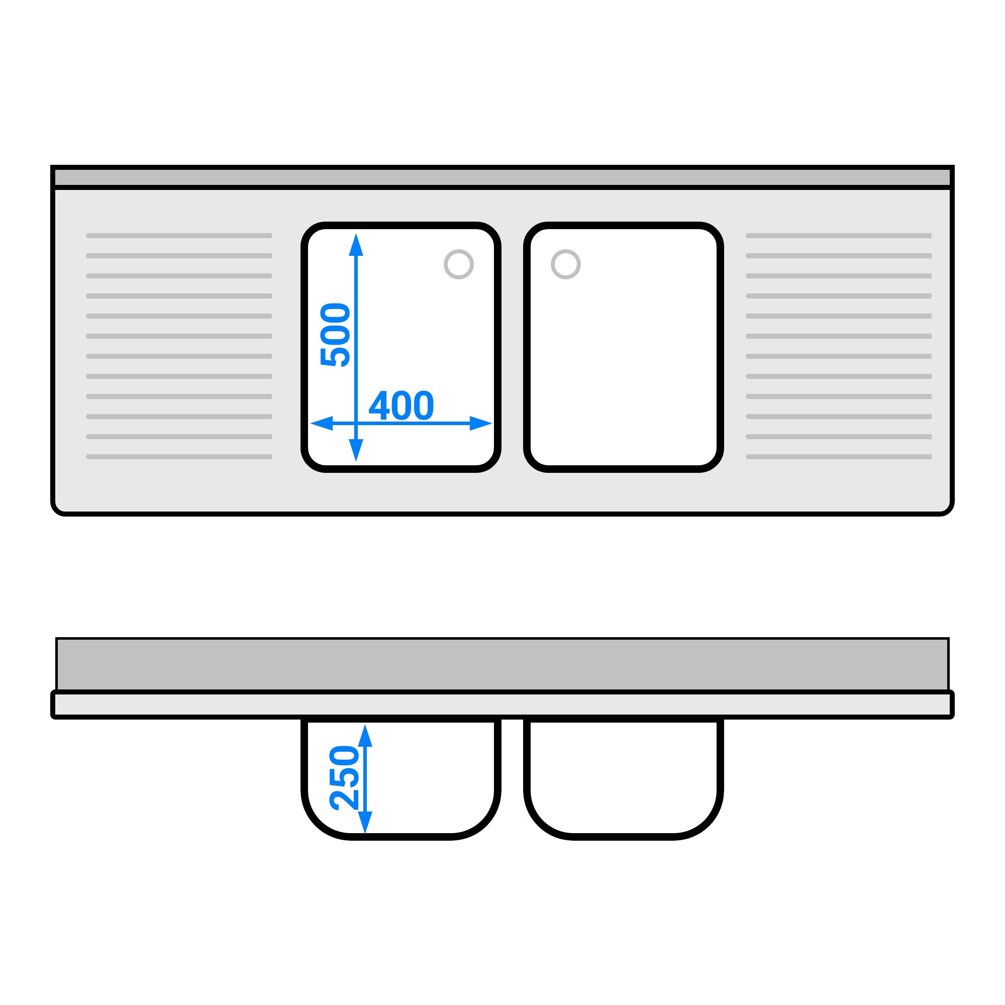 Sink with bottom 1.8 m - 2 basins centered L 40 x W 50 x D 25 cm