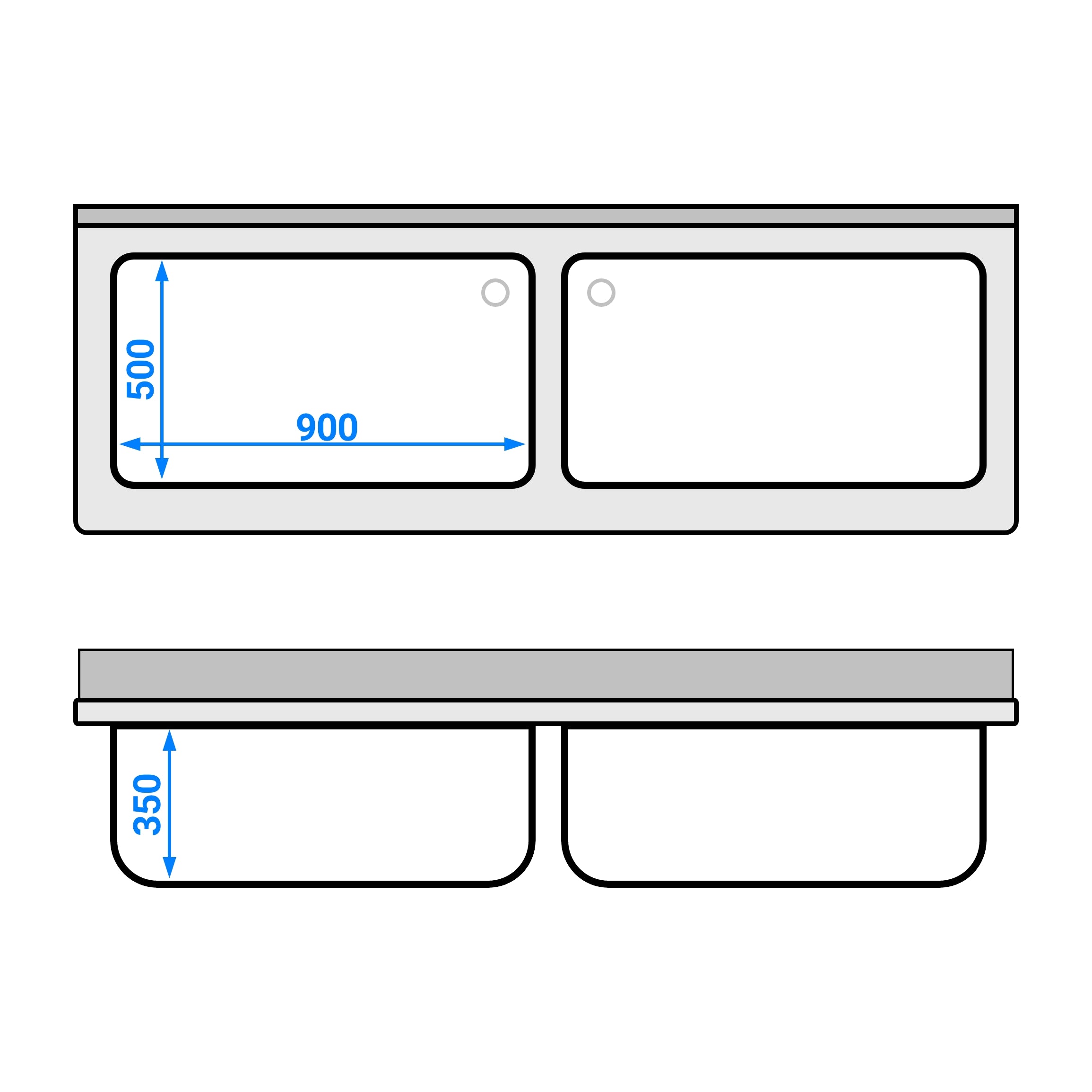 Sink with bottom for pots 2.0 m - 2 basins L 90 x W 50 x D 35 cm