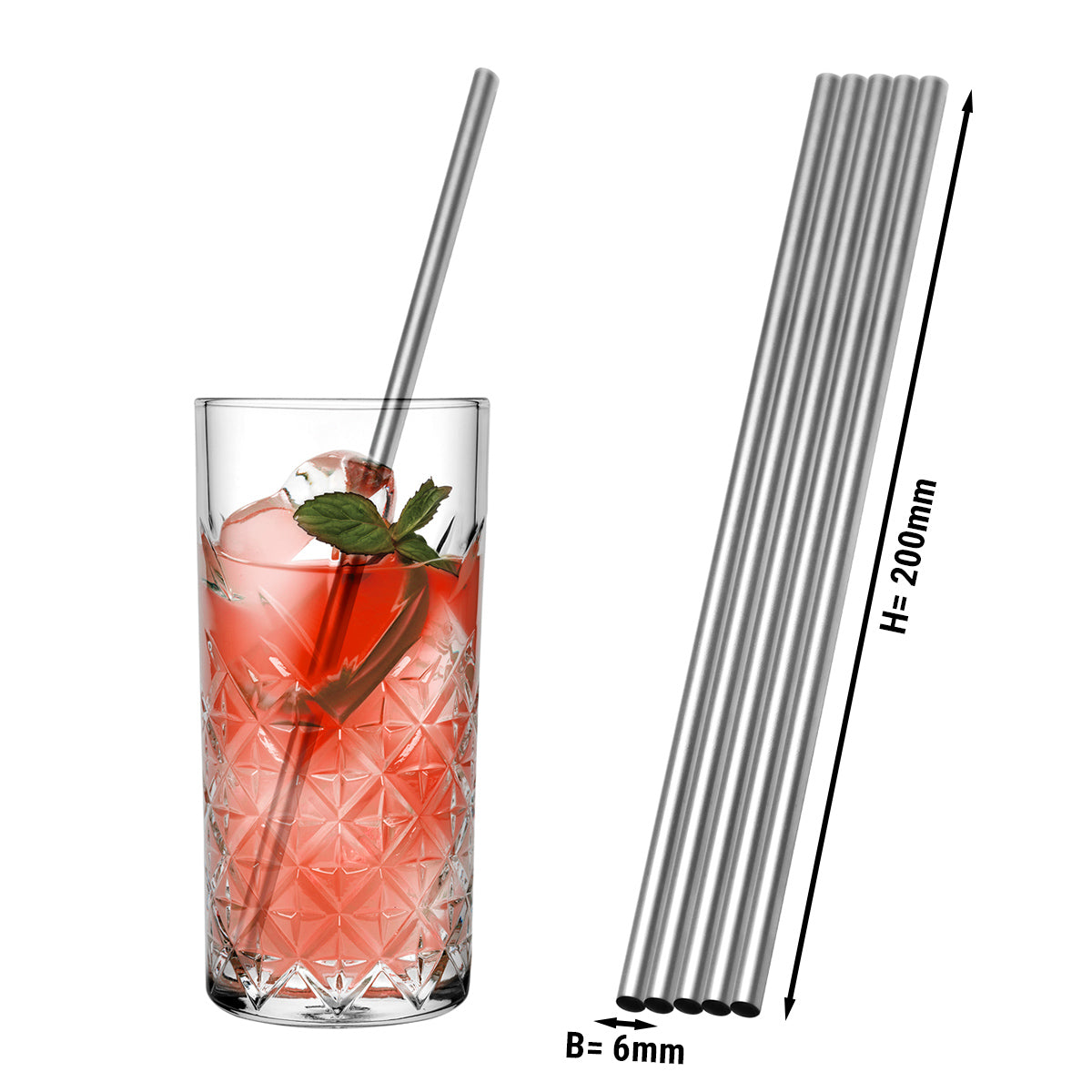 (50 pieces) Stainless steel drinking straws - 6 x 200 mm - straight