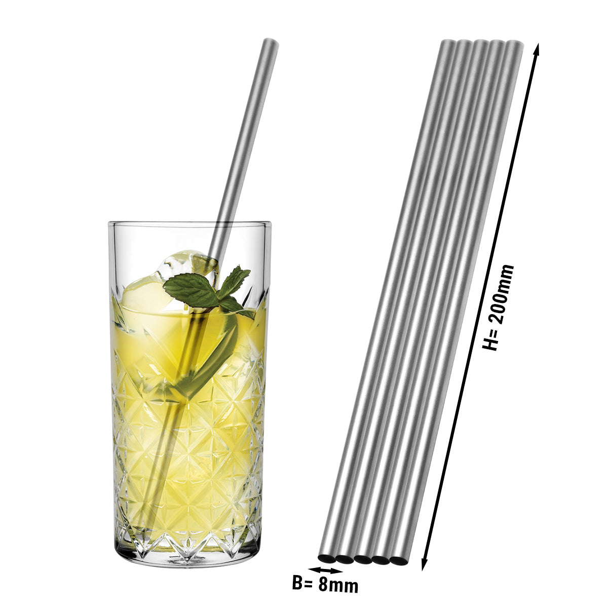 (50 pieces) Stainless steel drinking straws - 8 x 200 mm - straight