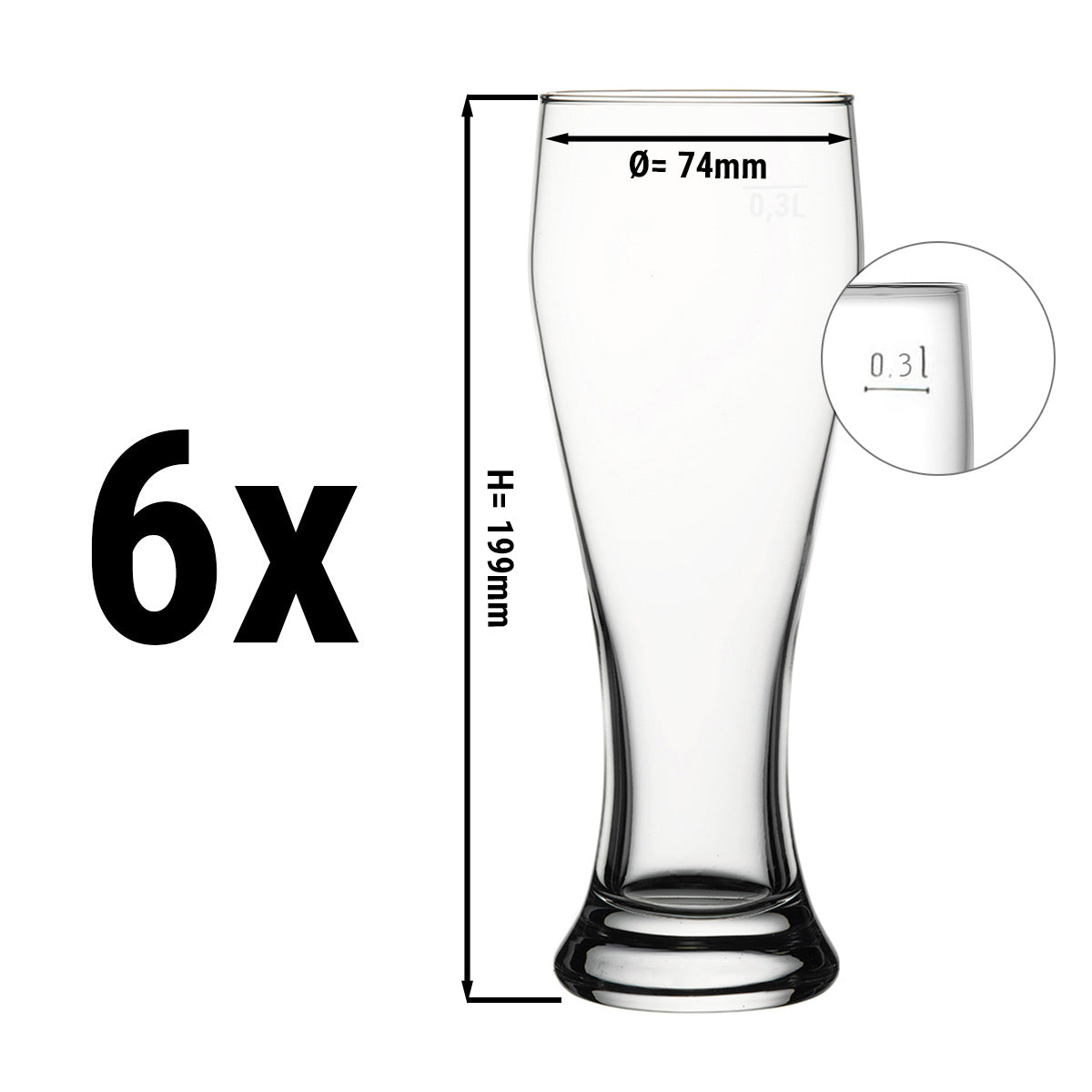 (6 pieces) Wheat beer mug - 415 cc - calibrated to 0.3 liters